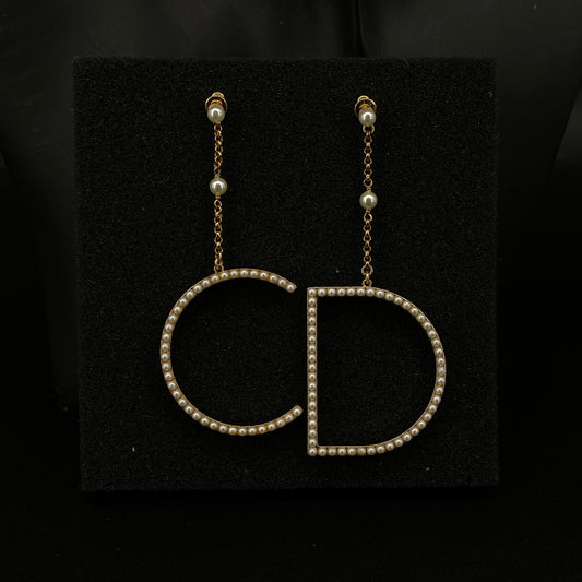 Christian Dior Pearl & Gold Tone CD Drop Earrings