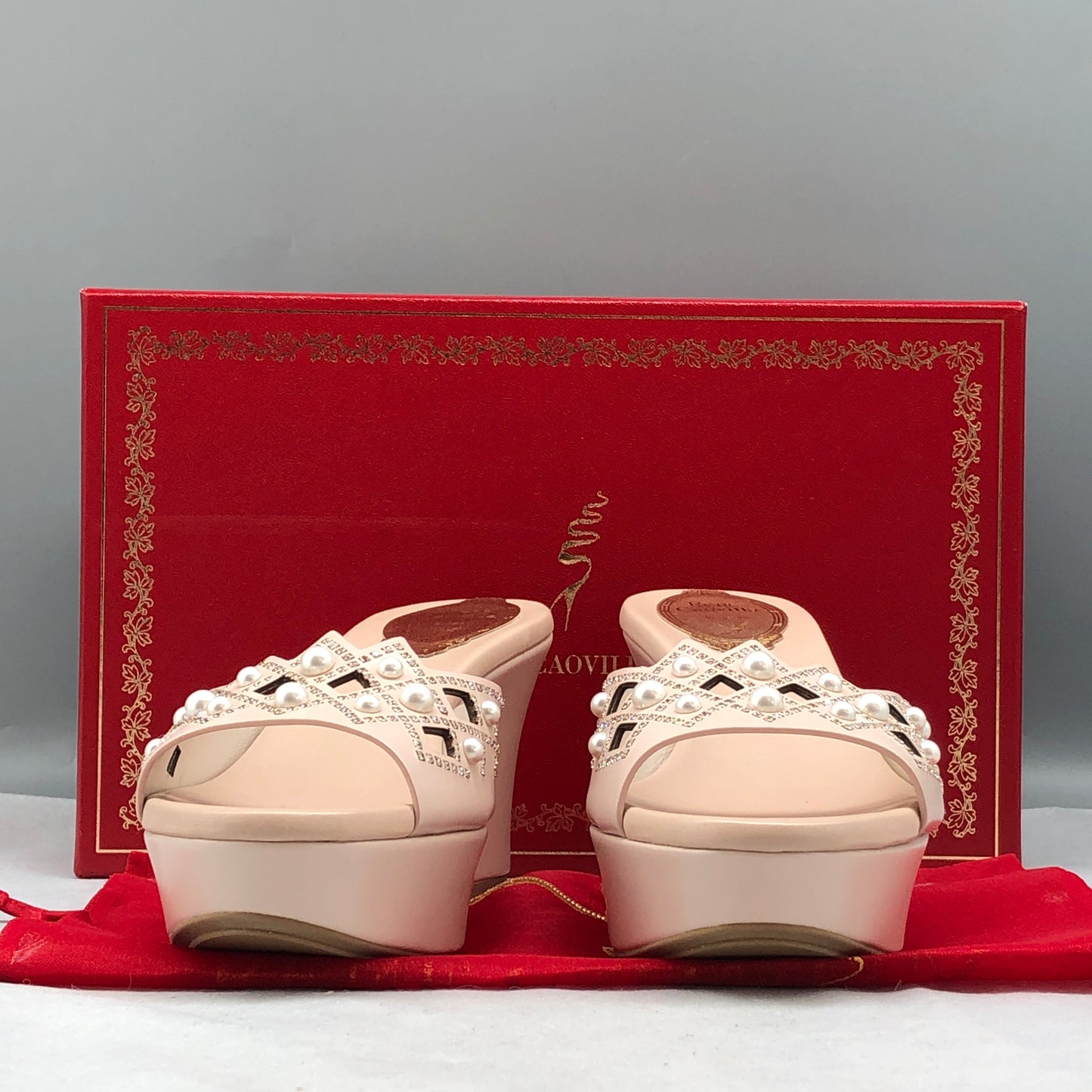 Rene Caovilla Blush Pink Pearl-Embellished Wedge Mules Size 35