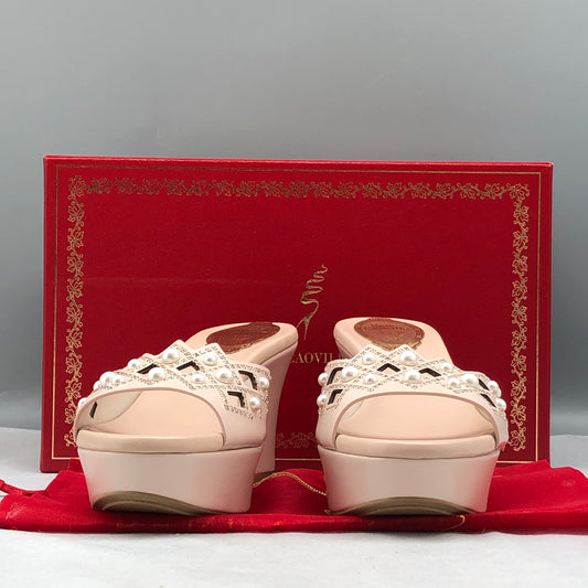 Rene Caovilla Blush Pink Pearl-Embellished Wedge Mules Size 35