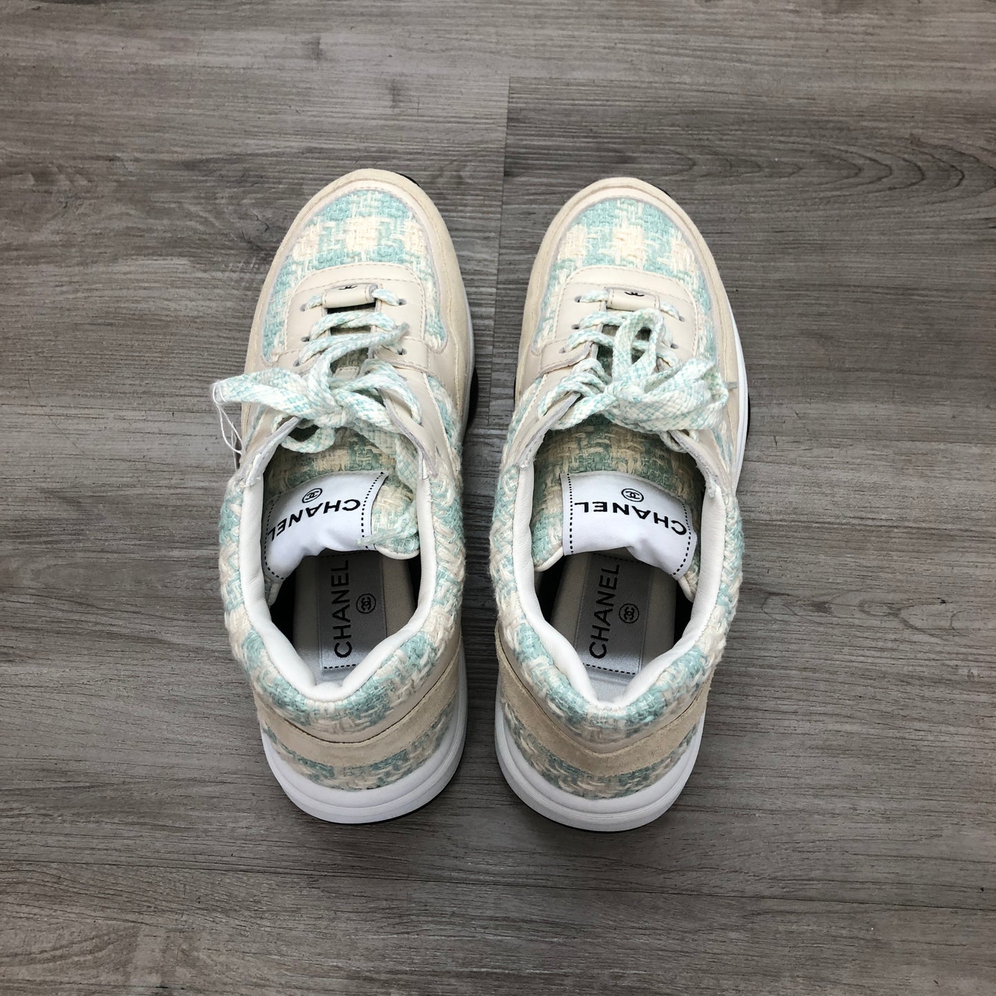 Chanel Women's Quilted Tweed CC Logo Low Top Sneakers 36.5 White Light Blue Two-Tone