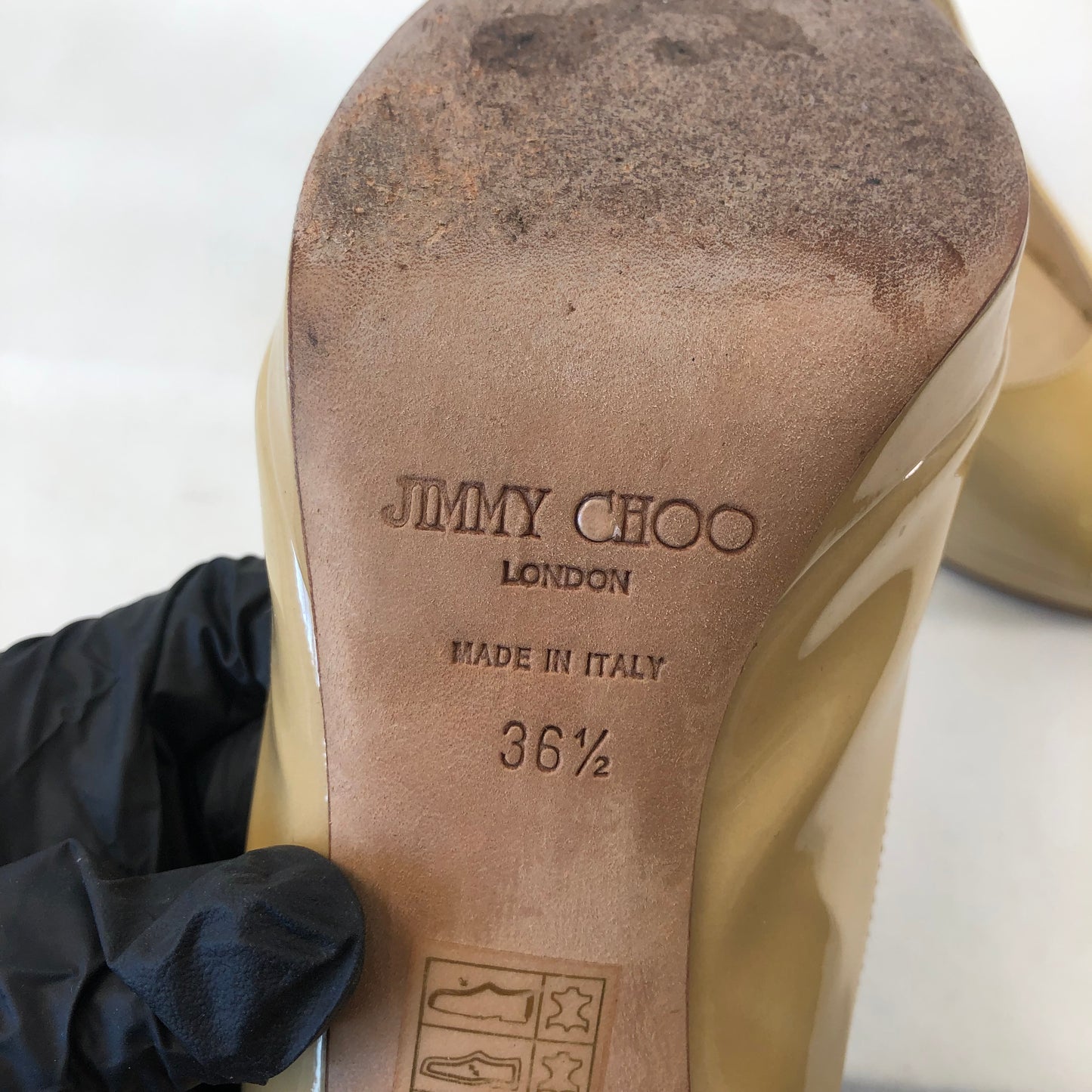 Jimmy Choo Patent Leather Peep Toe Slingback Shoes 36.5 Nude Women