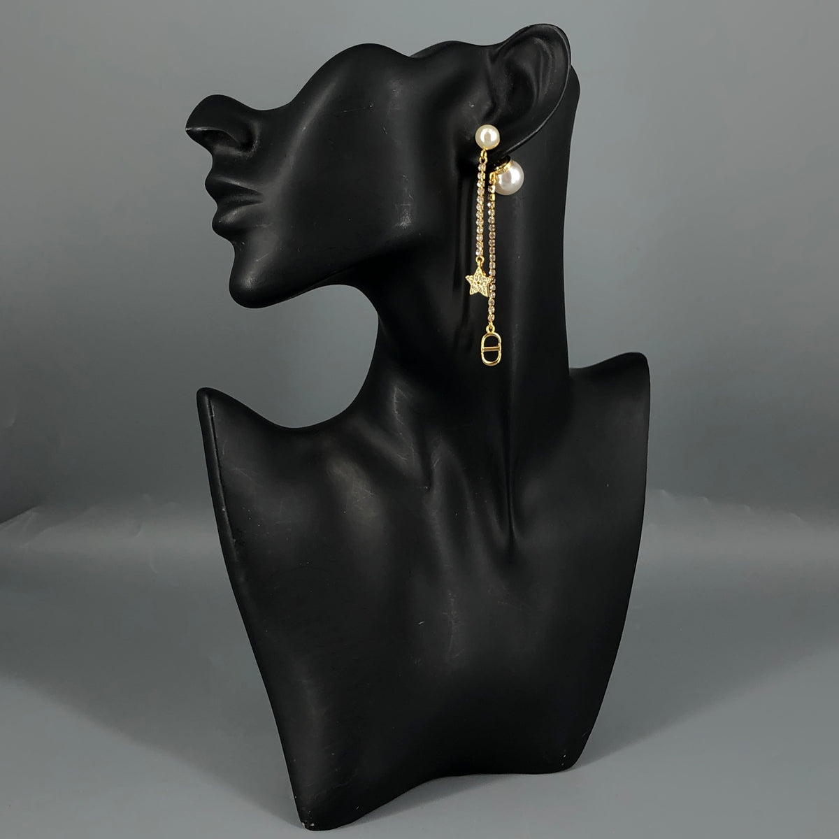 Christian Dior Gold Tone Pearl Star Crystal Drop Earrings