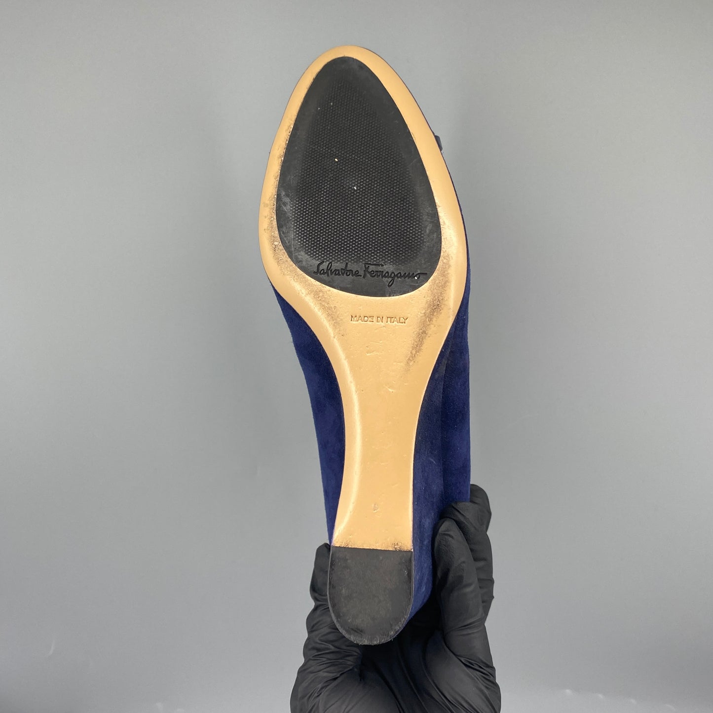 Ferragamo Women’s Deep Blue Suede Patent Toe Wedge Heels Shoes