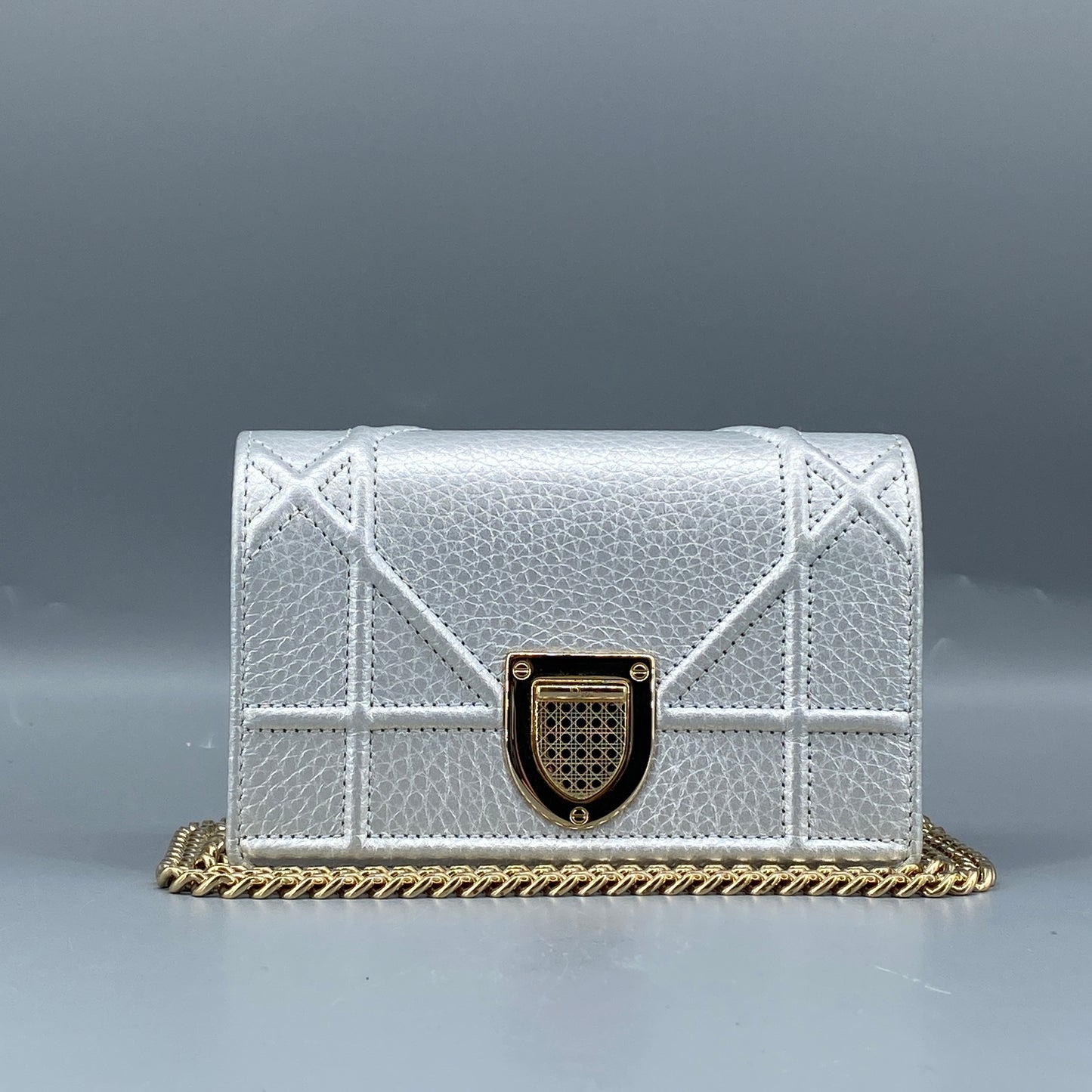 Christian Dior Mini Silver Metallic Pebbled Leather Shield Logo WOC Crossbody Bag