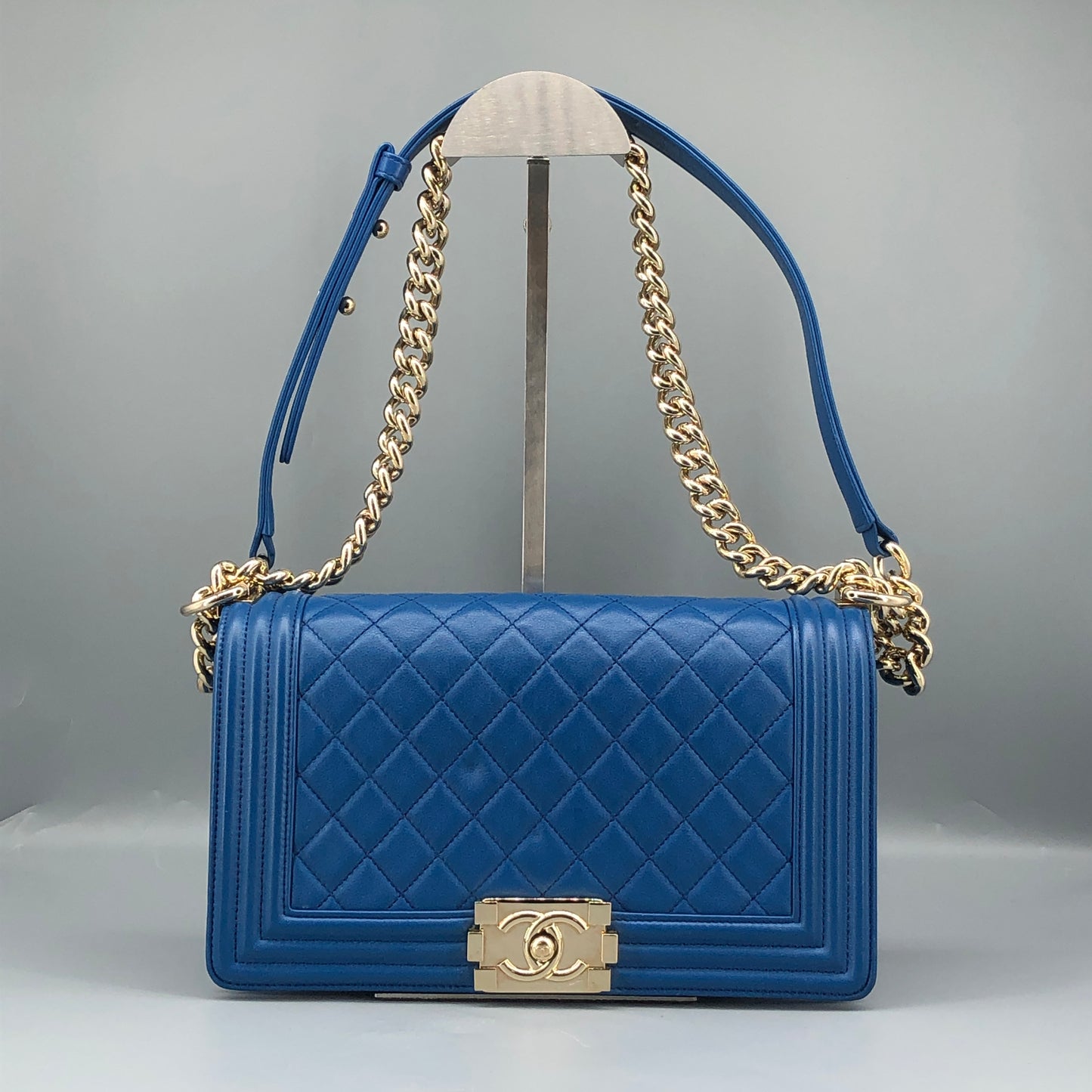 Chanel Boy Lambskin Leather Quilted Leather Chain Flap Bag Bright Blue