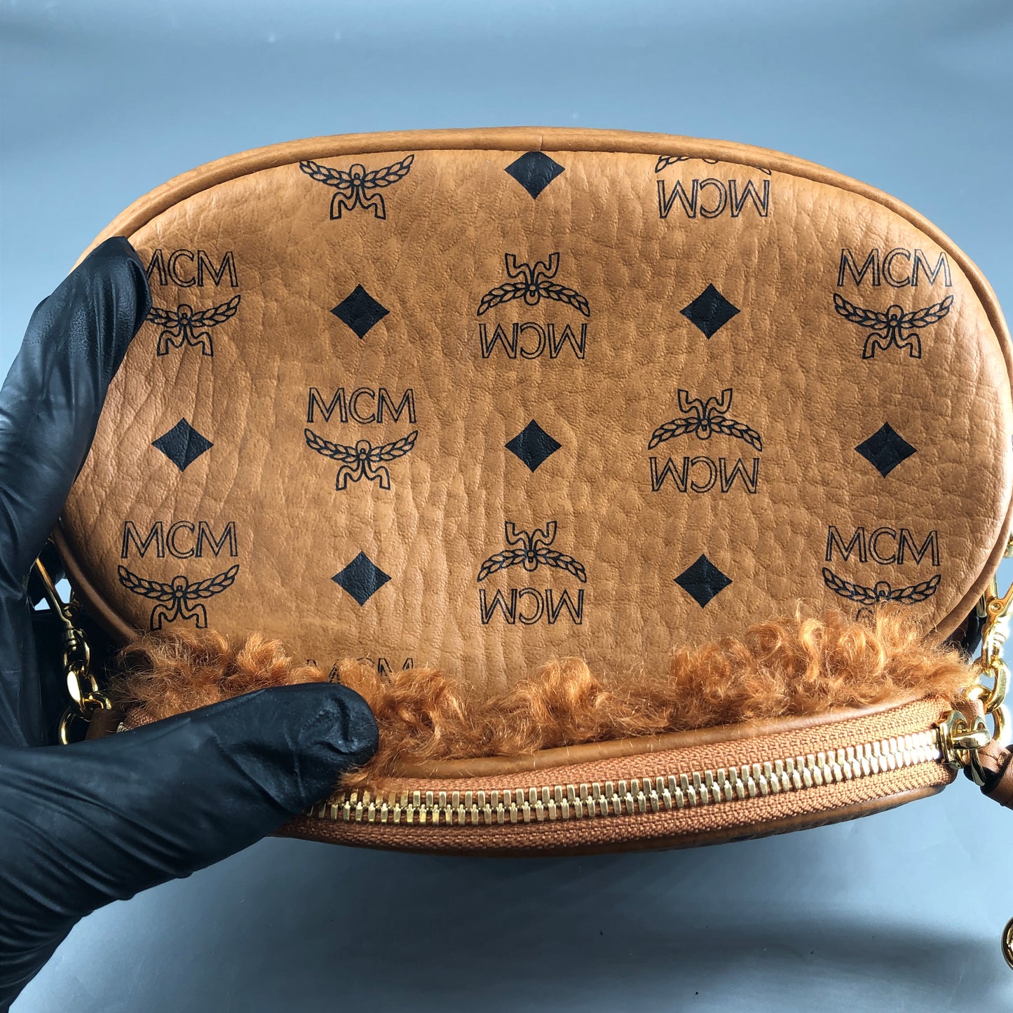 MCM Visetos Shearling Trim Oval Crossbody Camera Bag  Caramel