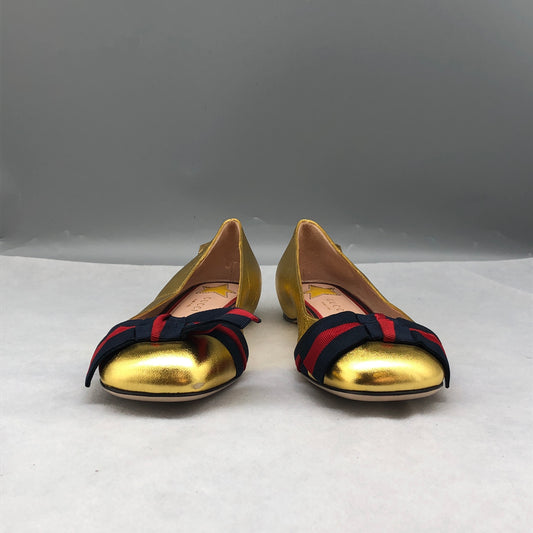 Gucci Women Ballet Flats Shoes Gold Web Bow Size 36