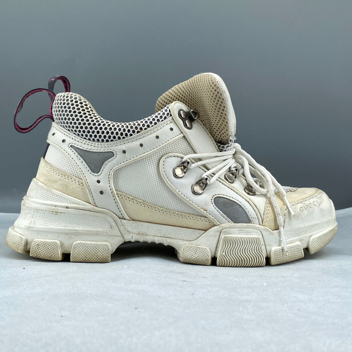 Gucci Women‘s Cream Leather Mesh Lace Up Sneaker Shoes Size 38