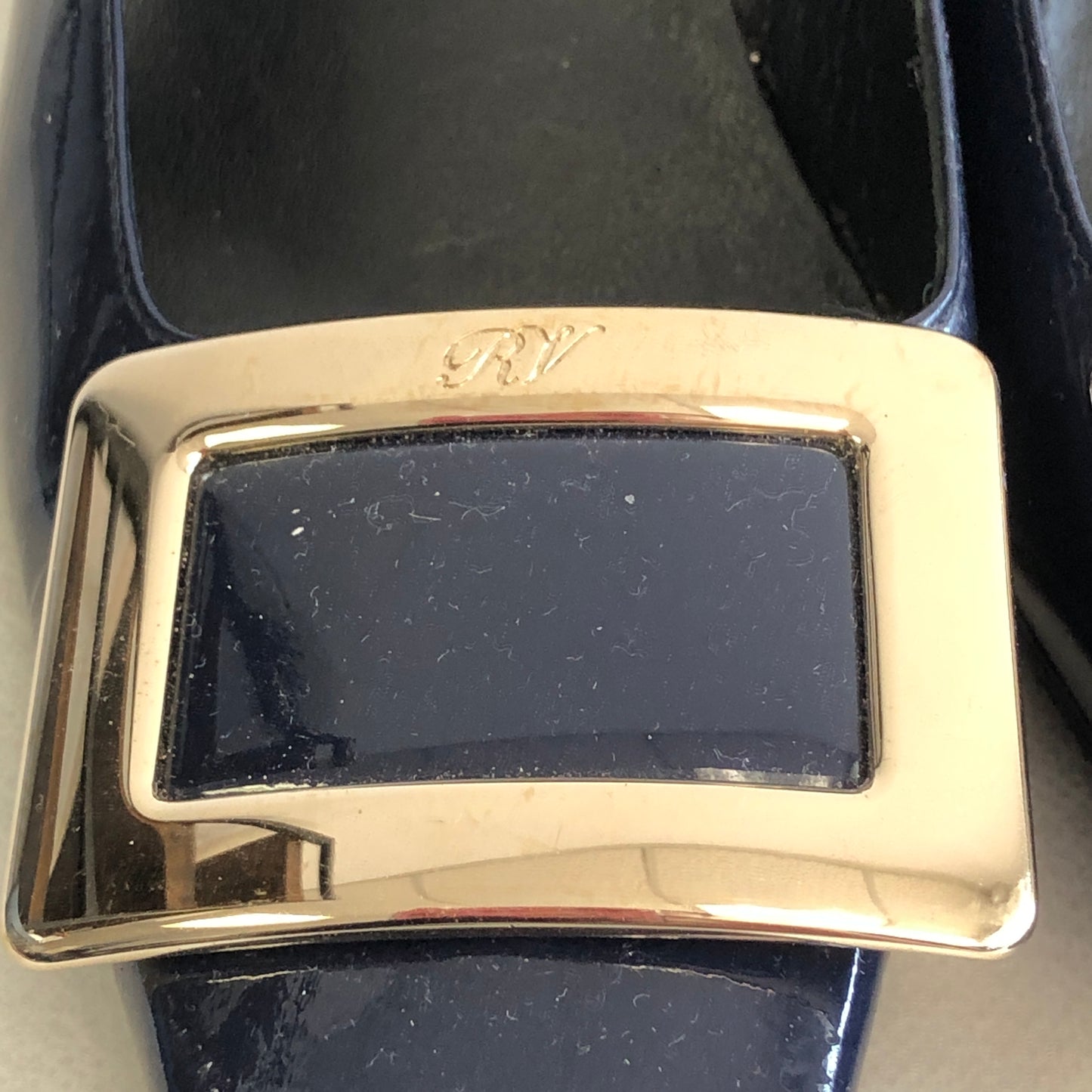 Roger Vivier Navy Patent Leather Square‑Buckle Block Heel Shoes size 35 1/2