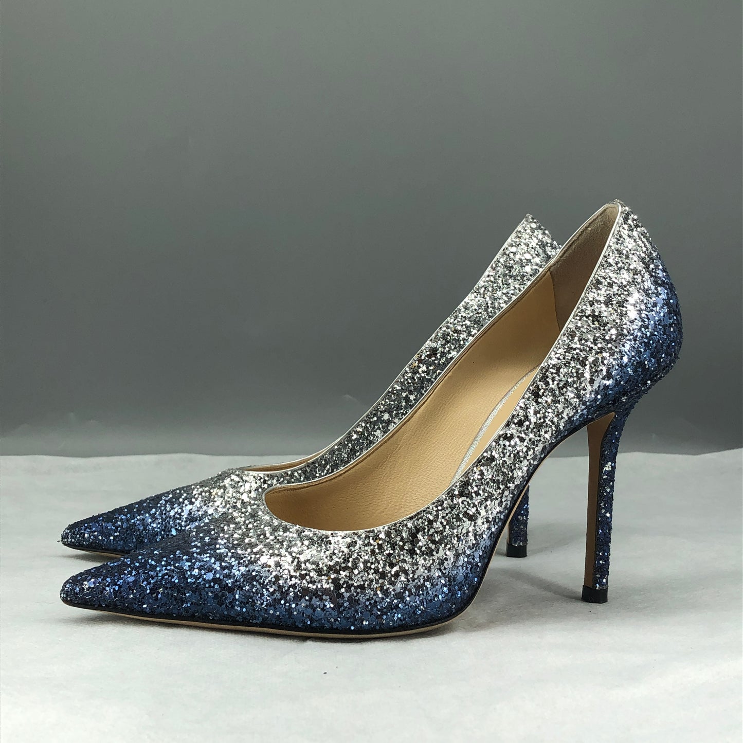 Jimmy Choo Women's Blue Silver Gradient Glitter Pointed Stiletto Heels Size 37
