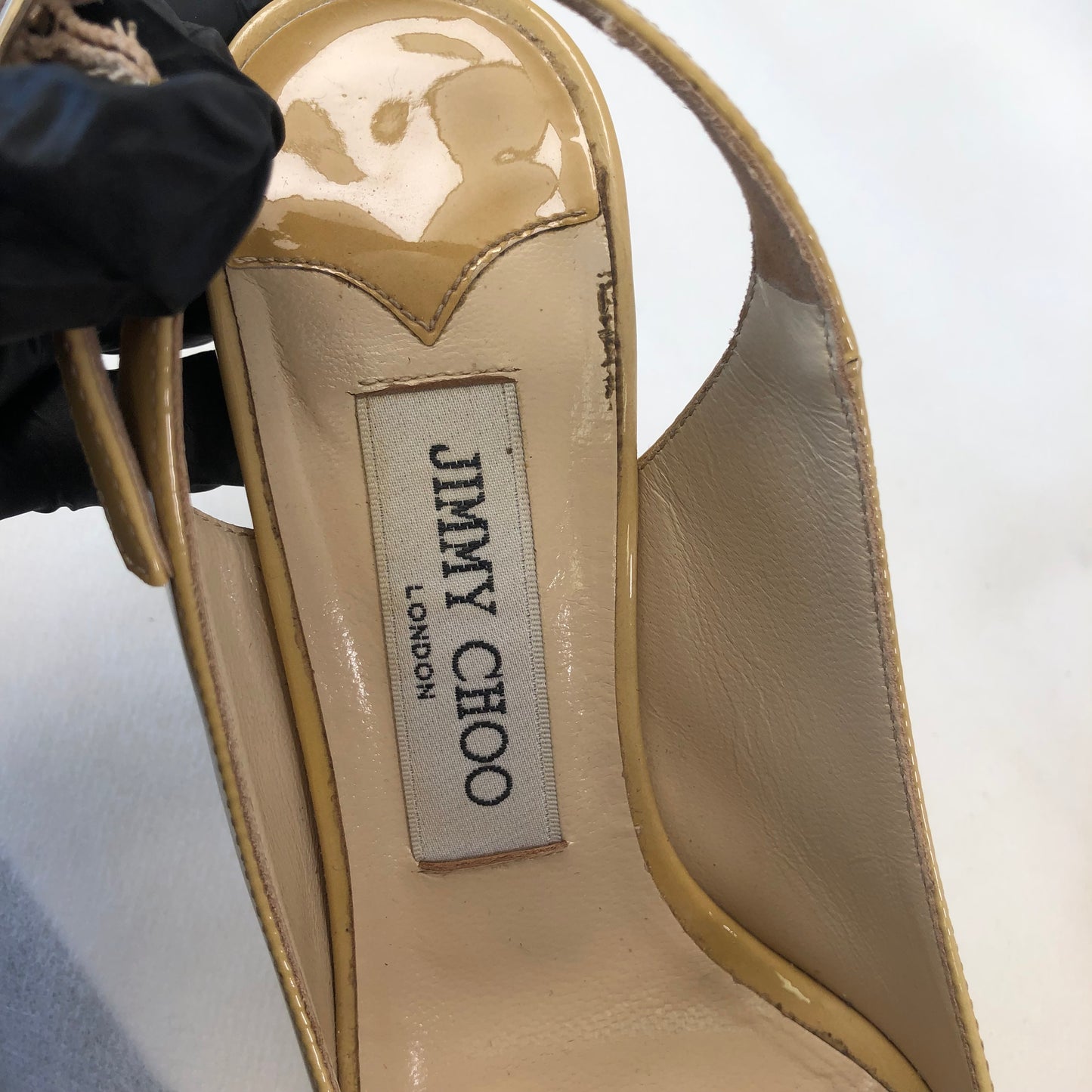 Jimmy Choo Patent Leather Peep Toe Slingback Shoes 36.5 Nude Women