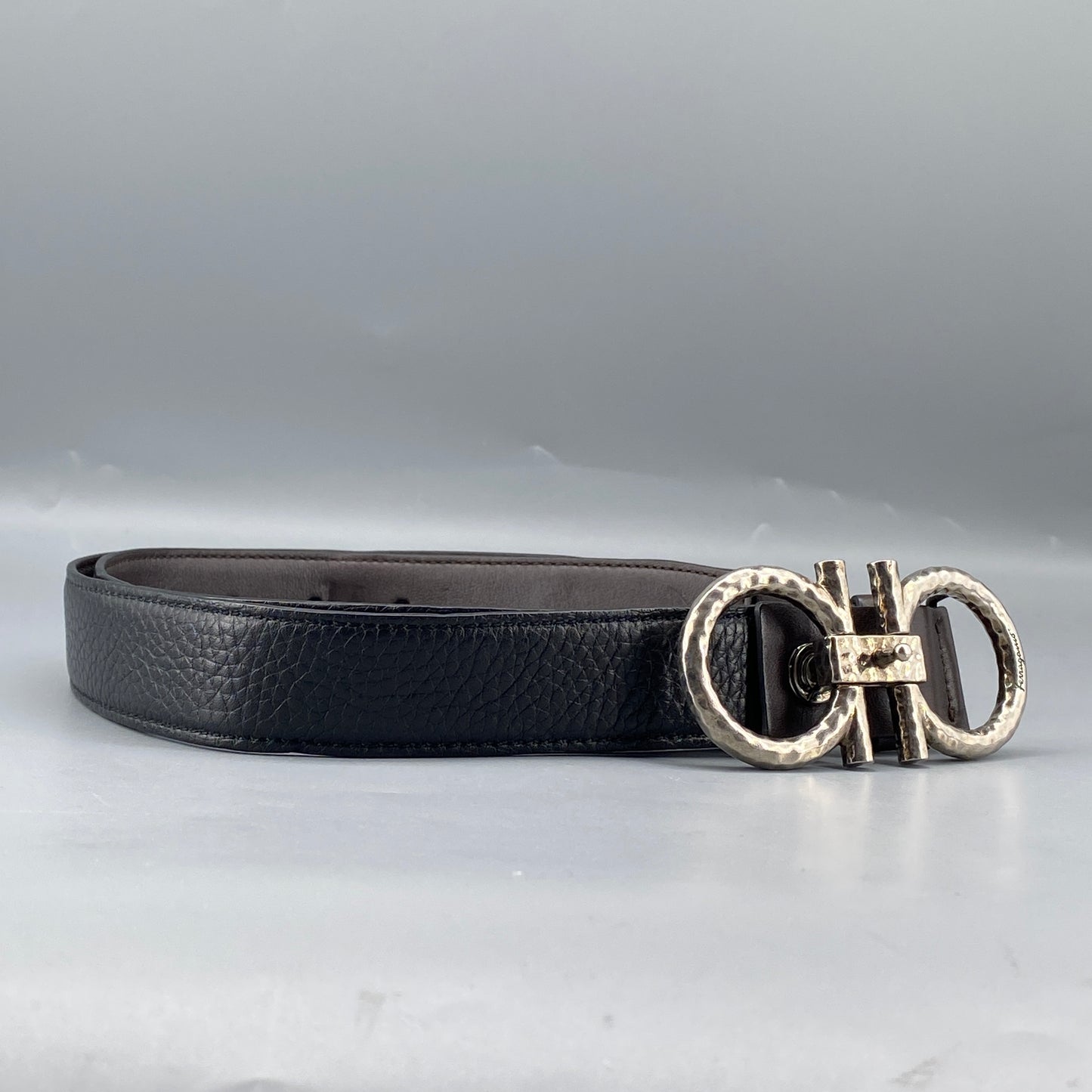 Ferragamo Black Leather Double Gancini Buckle Belt 95cm