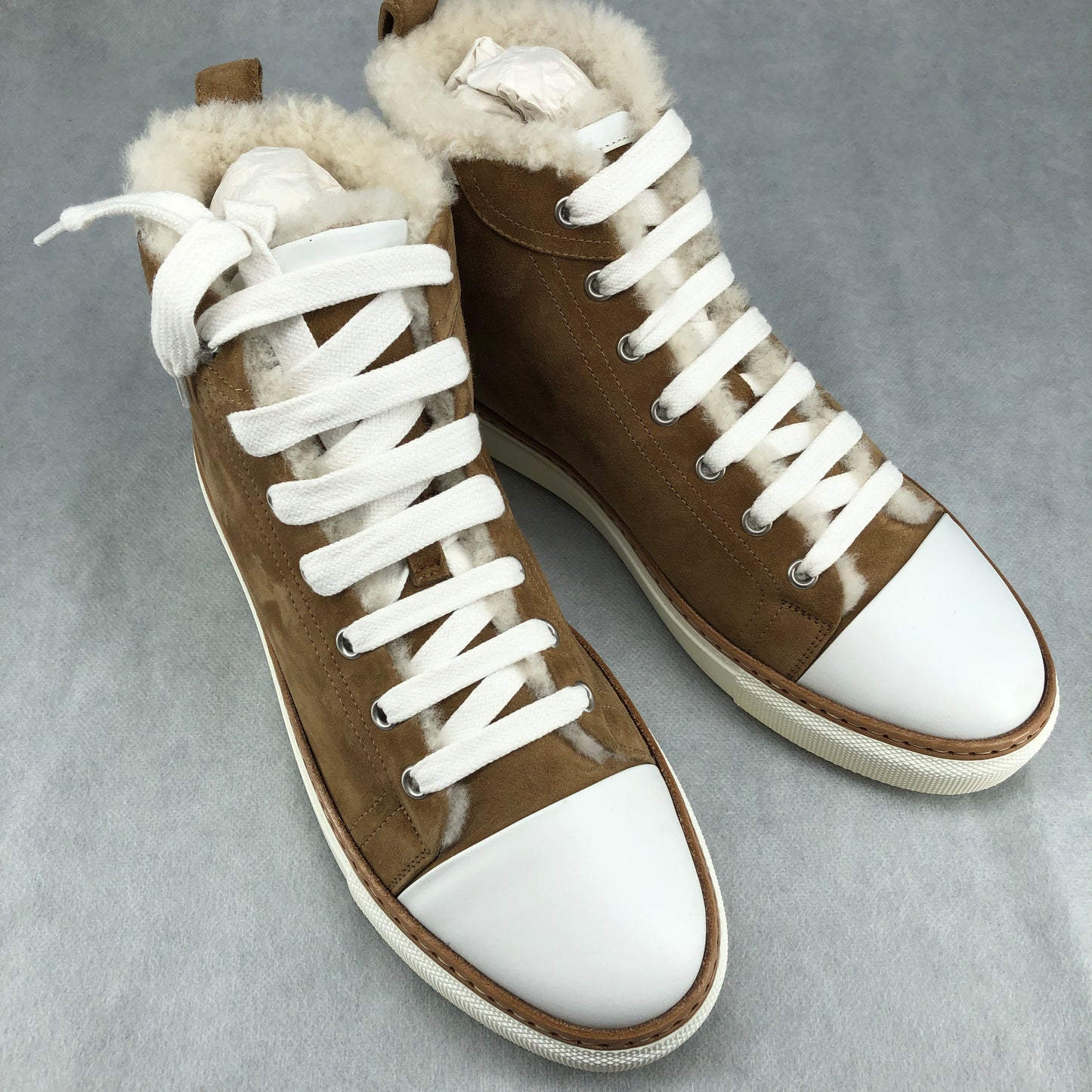 Hermes New Brown Suede Shearling Lined High Top Sneakers 38