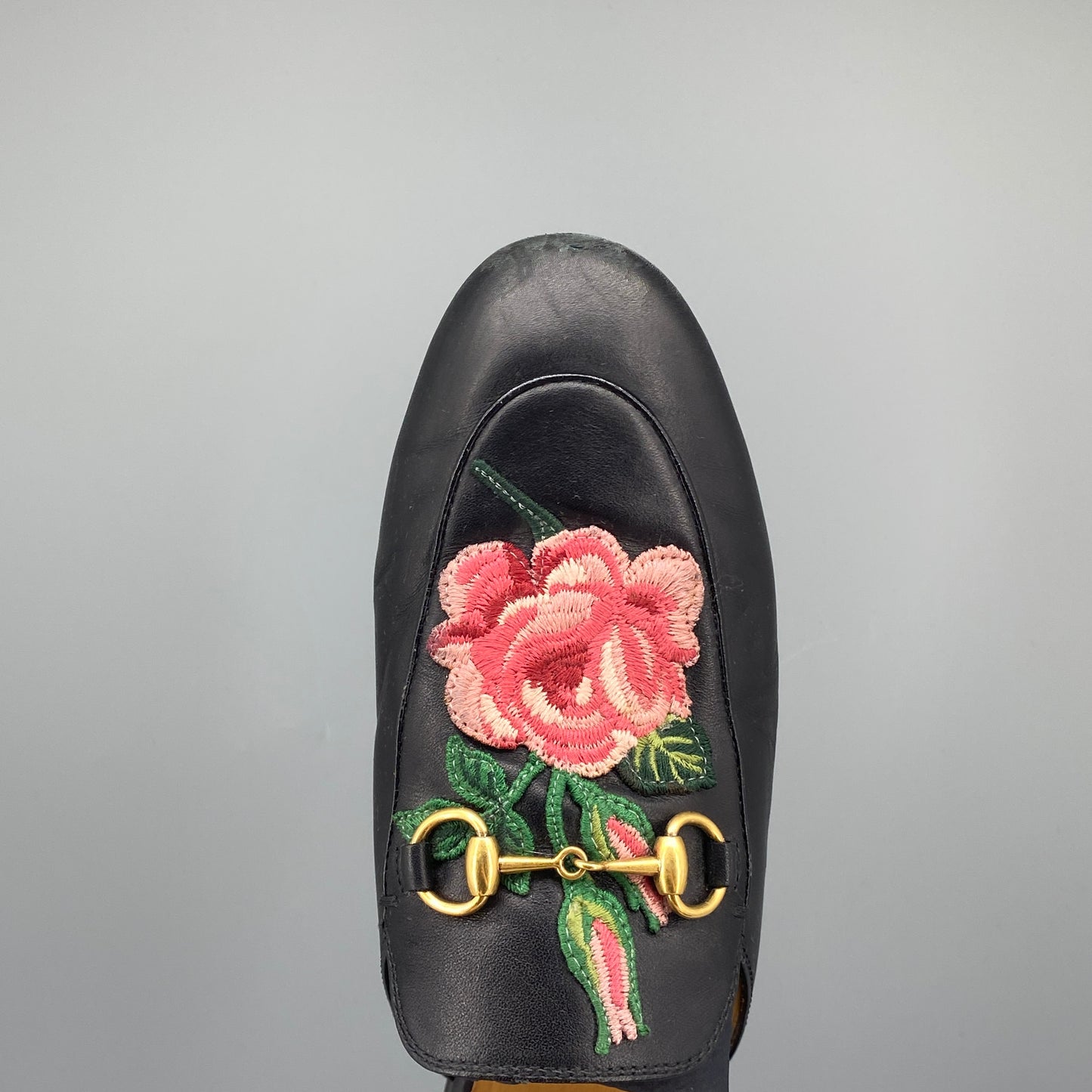 Gucci Women’s Black Leather Floral Embroidery Mule Loafer Shoes