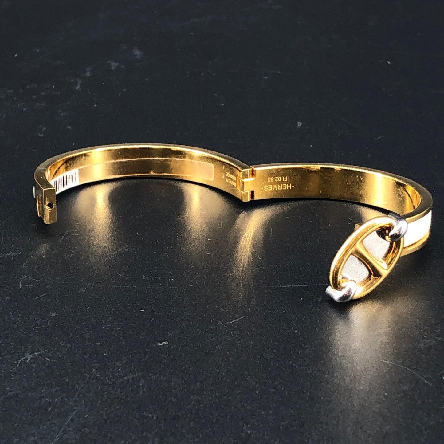 Hermes White Enamel Gold H Buckle Bangle Bracelet