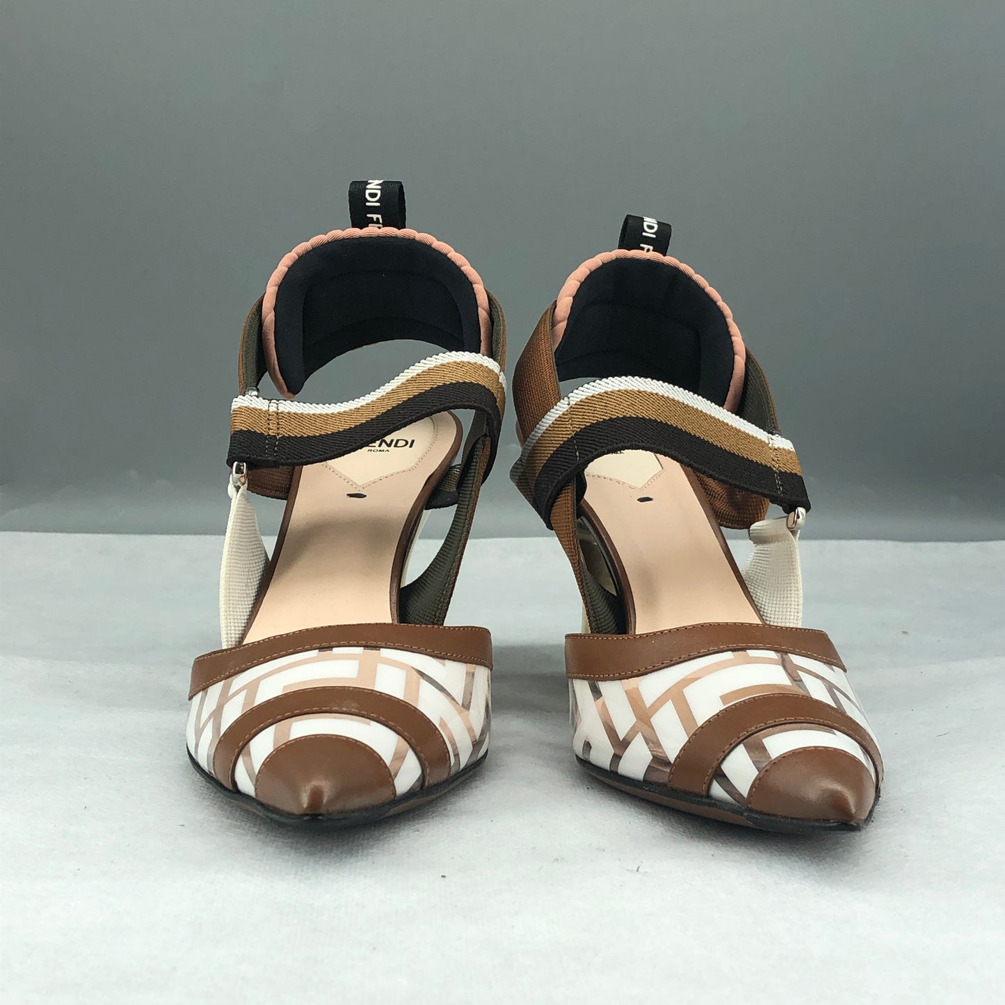Fendi Logo Strap Pointed Toe Heels Size 36.5 Women Brown