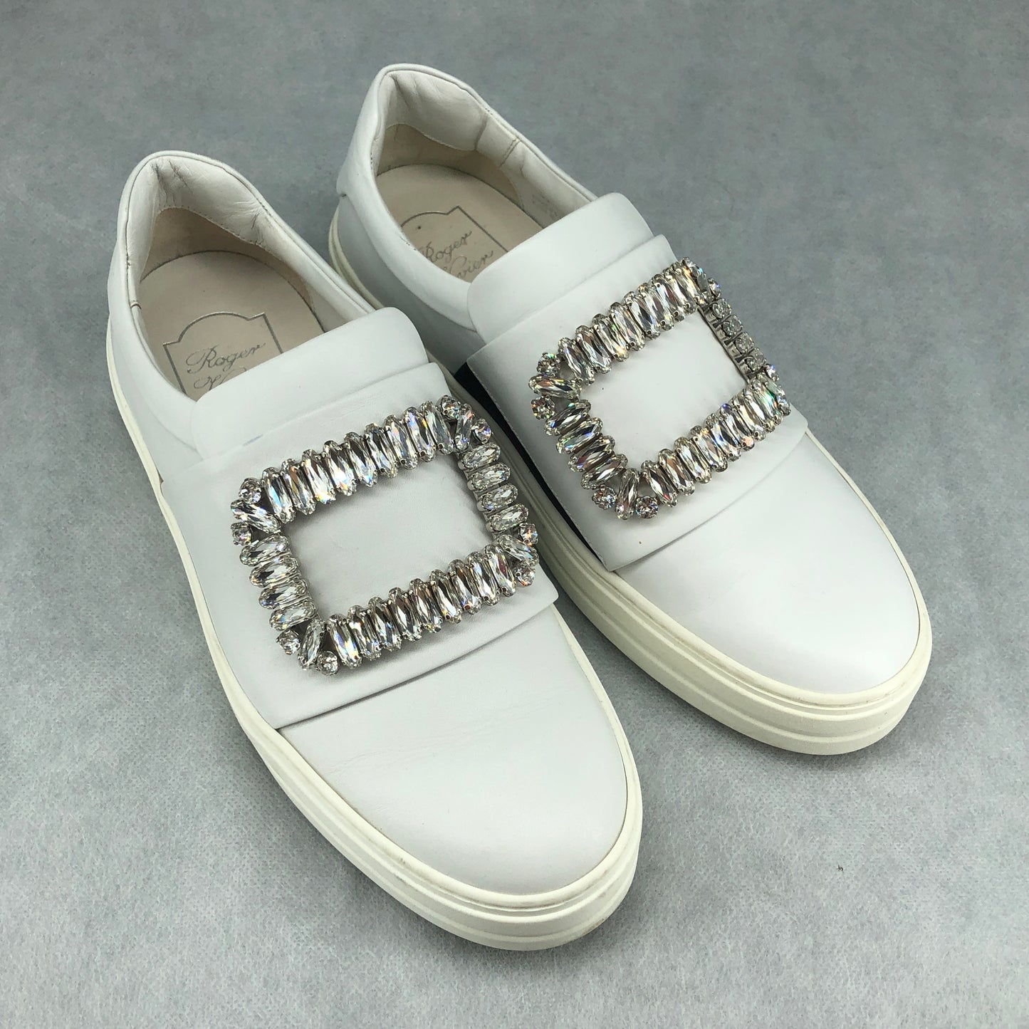 Roger Vivier White Calfskin Crystal Square Buckle Platform Slip-On Sneakers 37