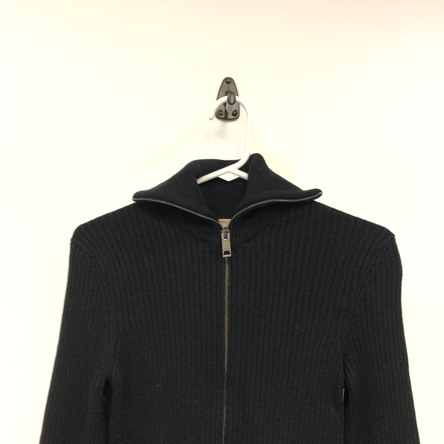 Burberry Black Ribbed Knit Zip Turtleneck Cardigan Size M