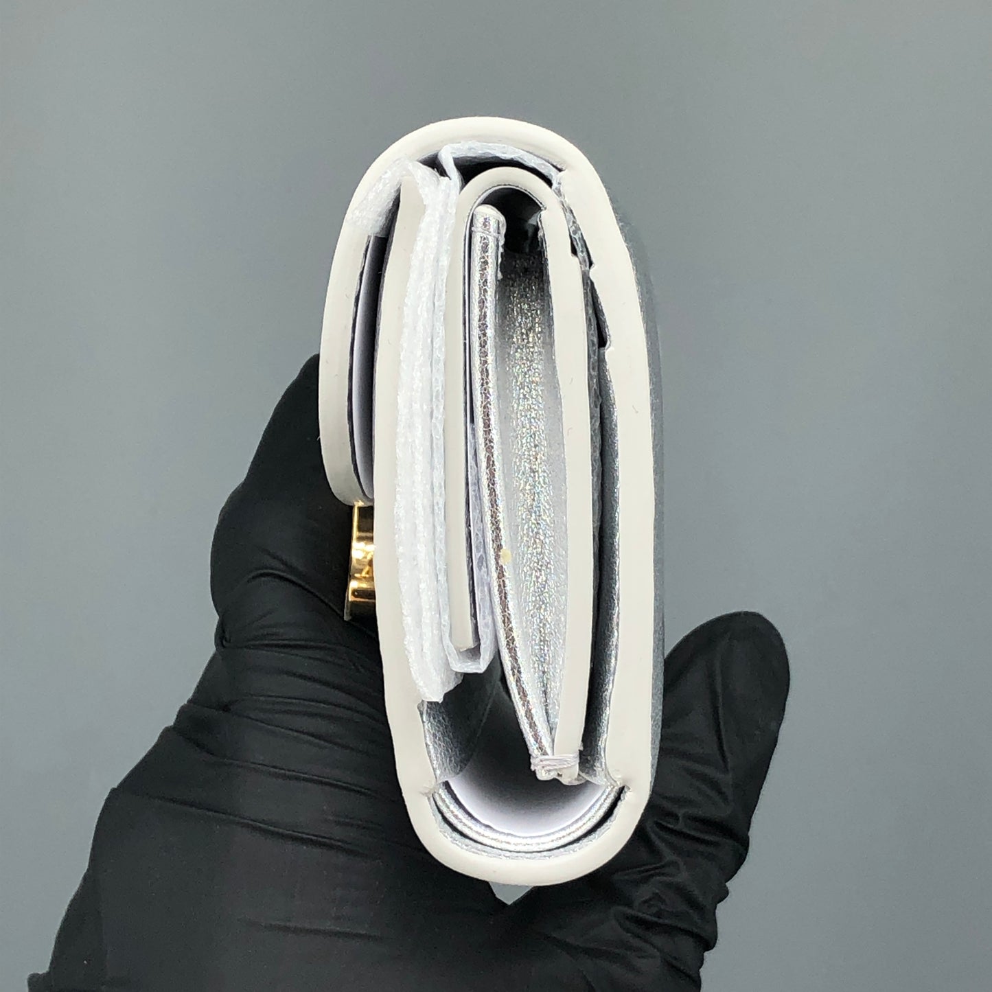 Celine Triomphe Silver Metallic Leather Trifold Wallet