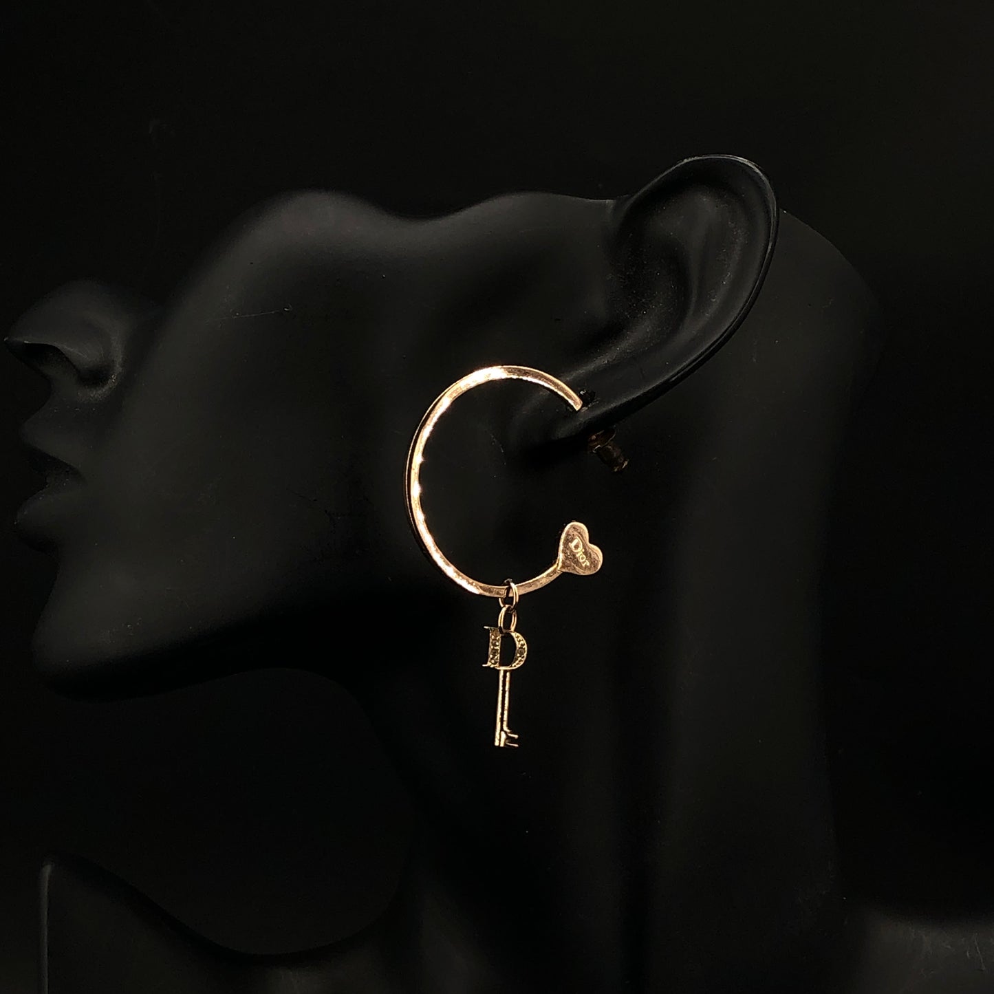 Christian Dior Gold Tone Asymmetric Heart & CD Logo Hoop Earrings