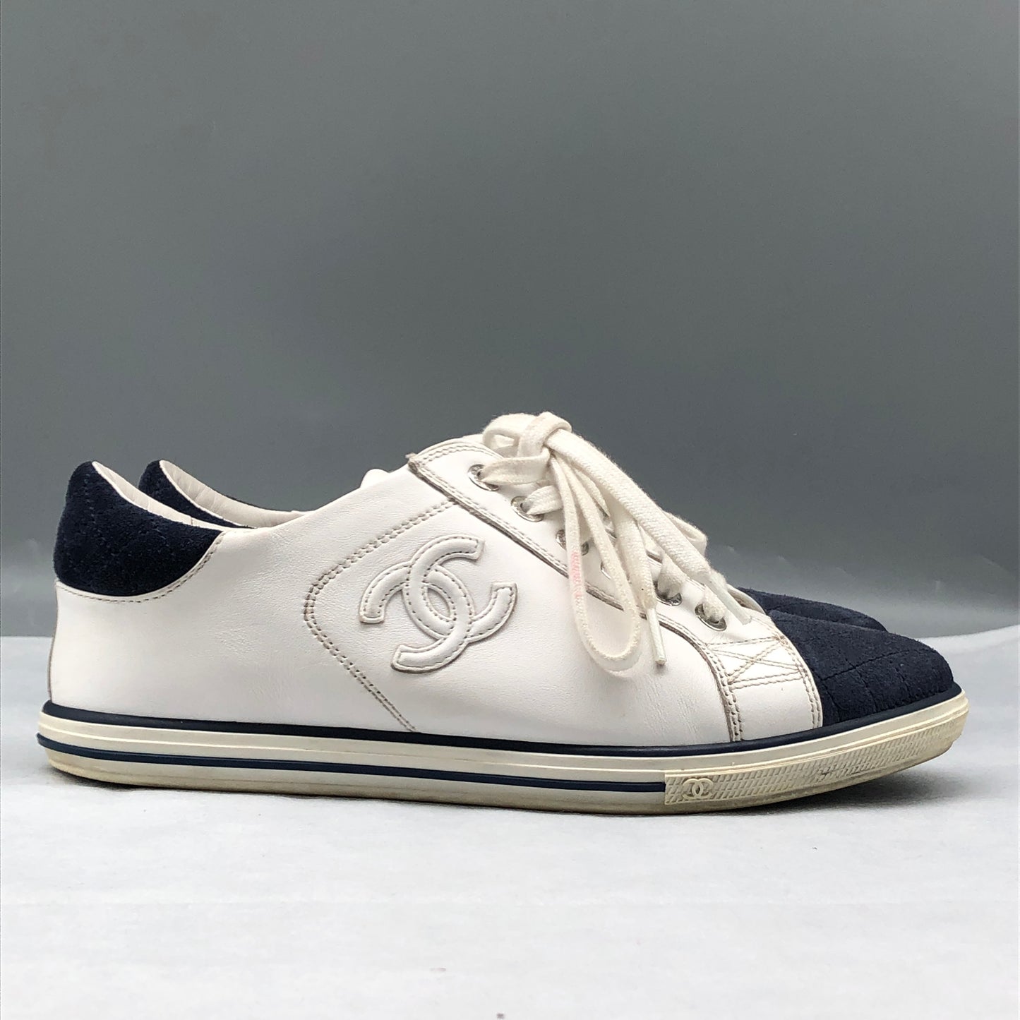 Chanel Women's White & Dark Blue Cap-Toe Sneakers shoes 36.5
