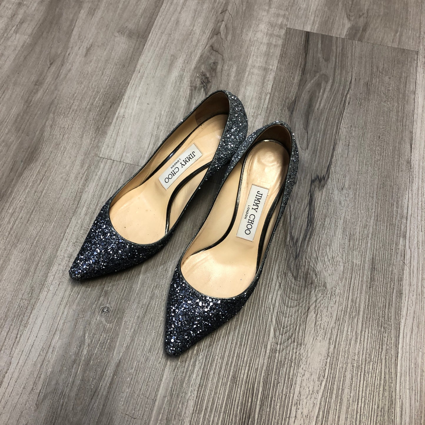 Jimmy Choo Women's Metallic Silver Glitter Pointed Toe Stiletto Pumps Shoes 35.5