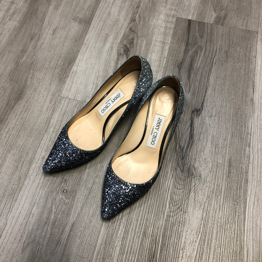 Jimmy Choo Women's Metallic Silver Glitter Pointed Toe Stiletto Pumps Shoes 35.5
