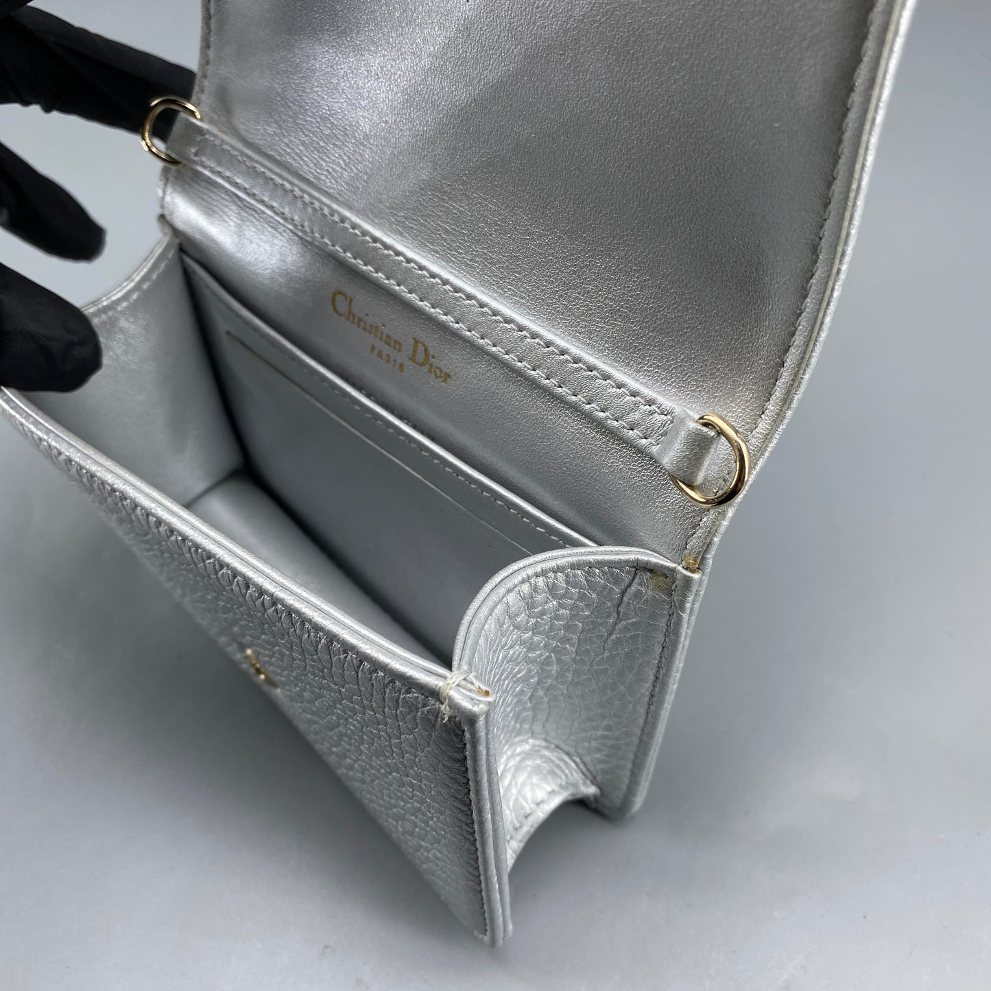 Christian Dior Mini Silver Metallic Pebbled Leather Shield Logo WOC Crossbody Bag