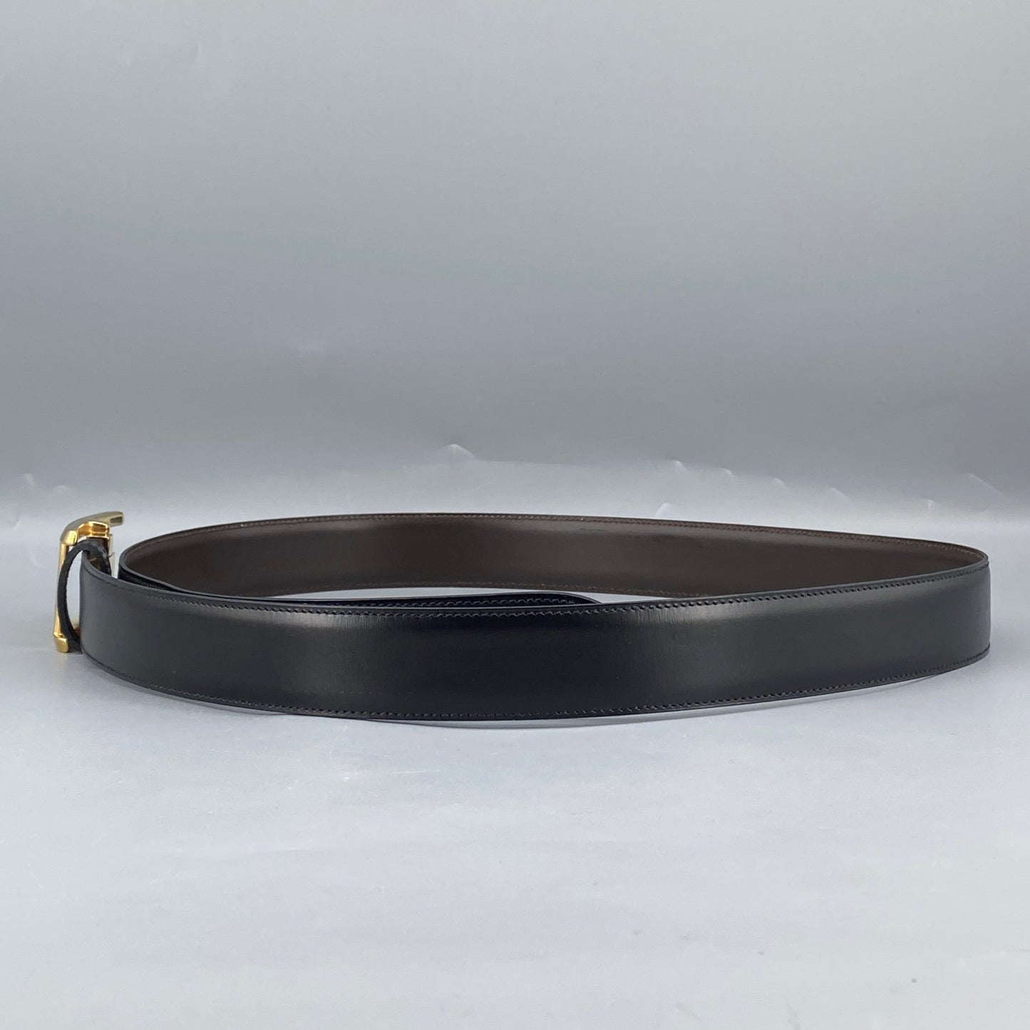 Cartier Black Smooth Leather Gold Square Pin Buckle Belt  105cm