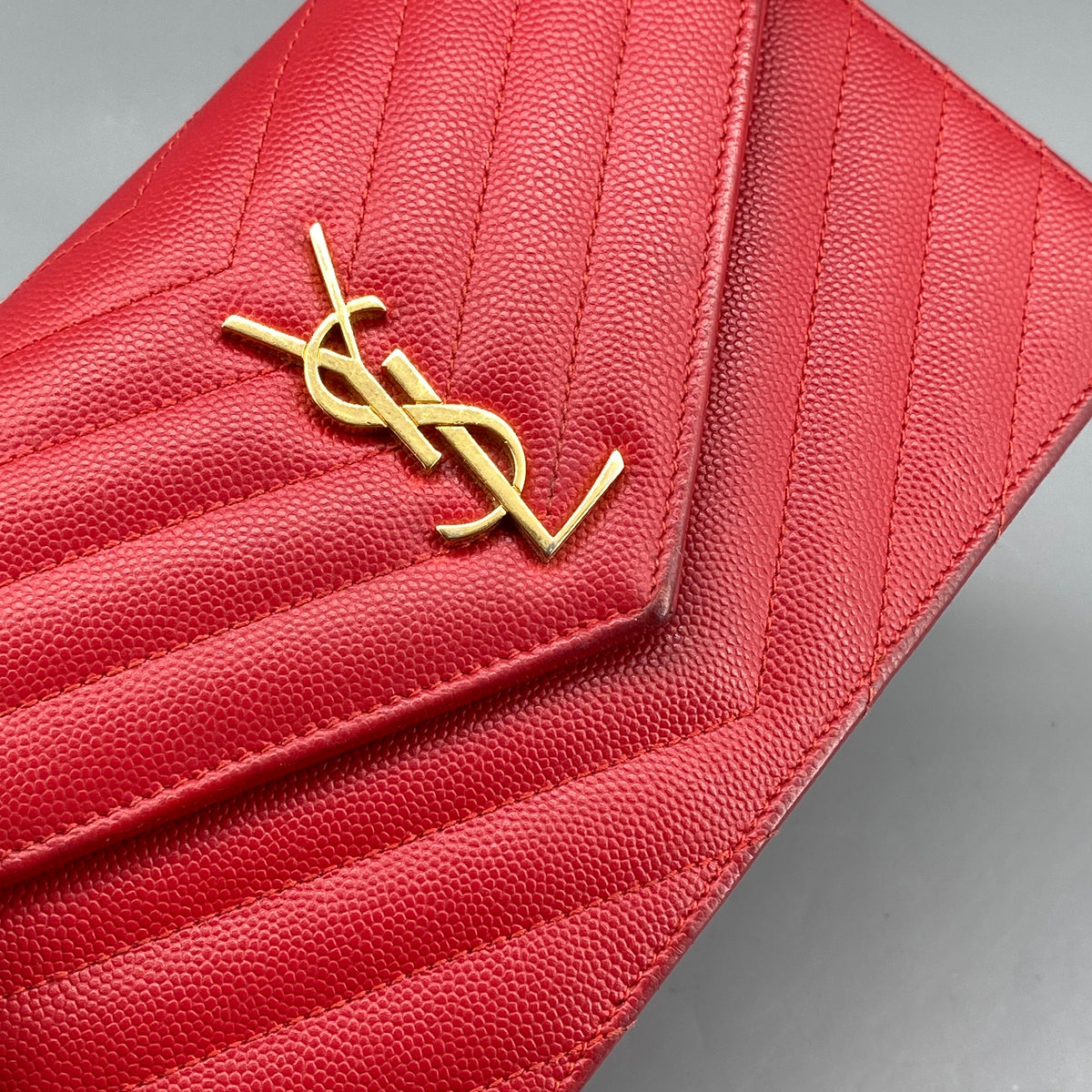Saint Laurent Matelasse Chevron  Envelope Chain Wallet New Red