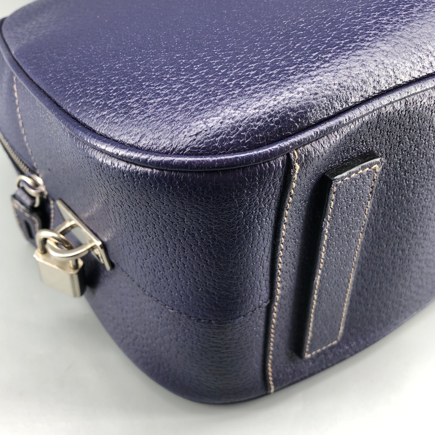 Prada Bauletto Medium Pebbled Leather Handbag  Ink Blue
