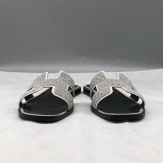 Hermes Silver Glitter Oran Sandals Size 37.5