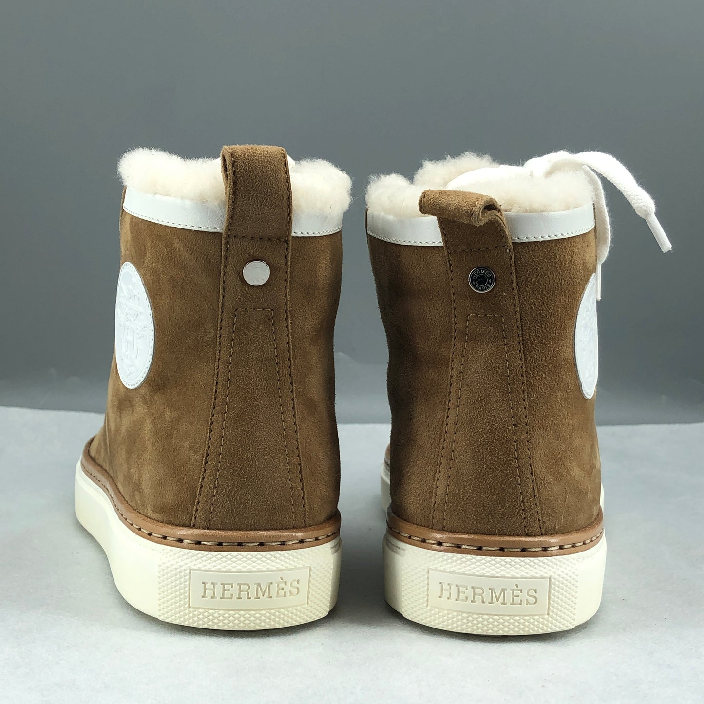 Hermes New Brown Suede Shearling Lined High Top Sneakers 38