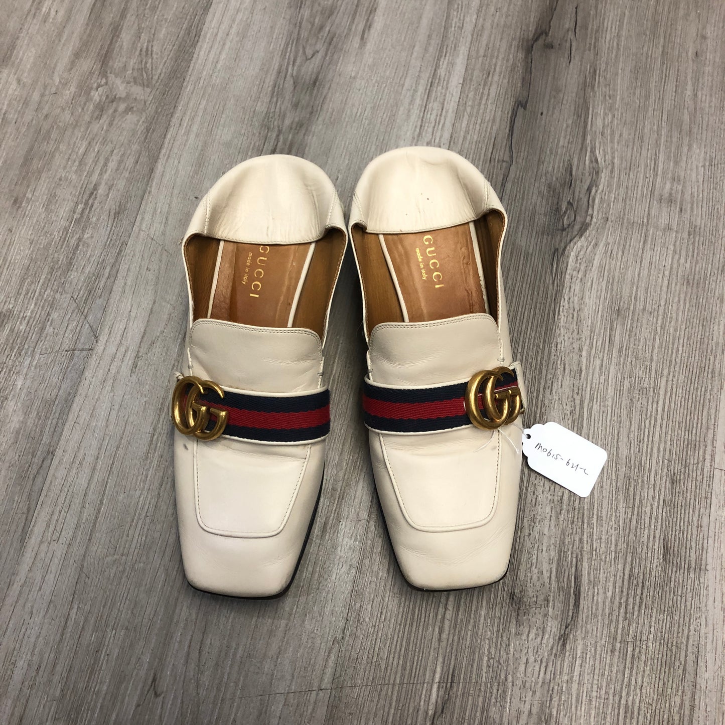 Gucci Women's Web Stripe Pearl Heel Mule Slip On Loafer Shoes 36.5 Cream Red Green