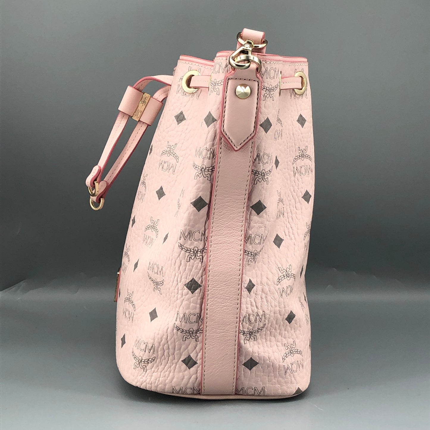 MCM Pink Visetos Print Drawstring Bucket Bag