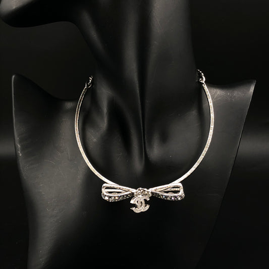 Chanel 2023 Silver-Tone Crystal Bow Choker Necklace