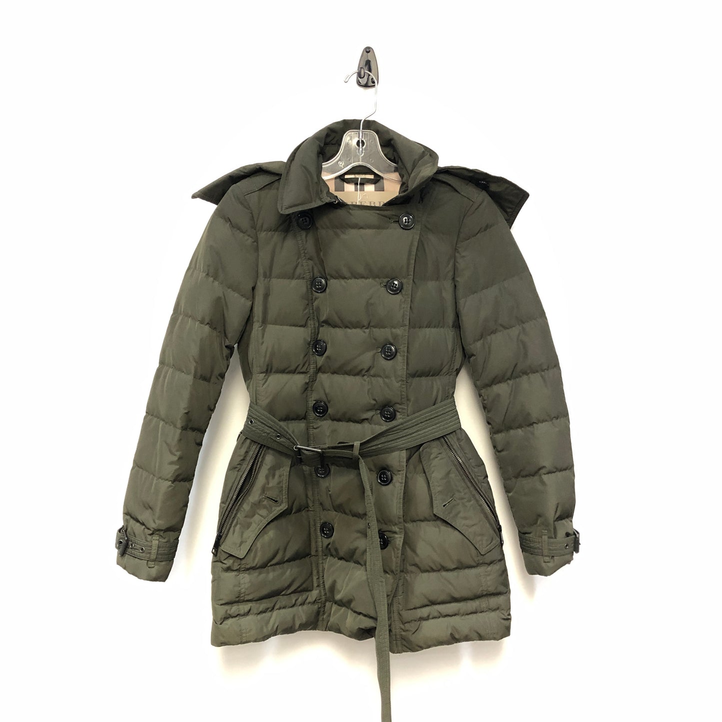 Burberry Olive Green Fur Trim Hooded Puffer Coat Size XS