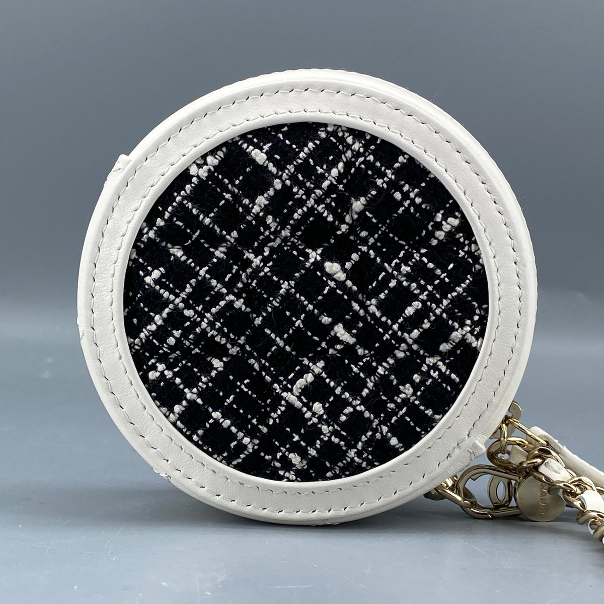 Chanel Tweed Quilted Round Filigree Pouch With Chain White Black