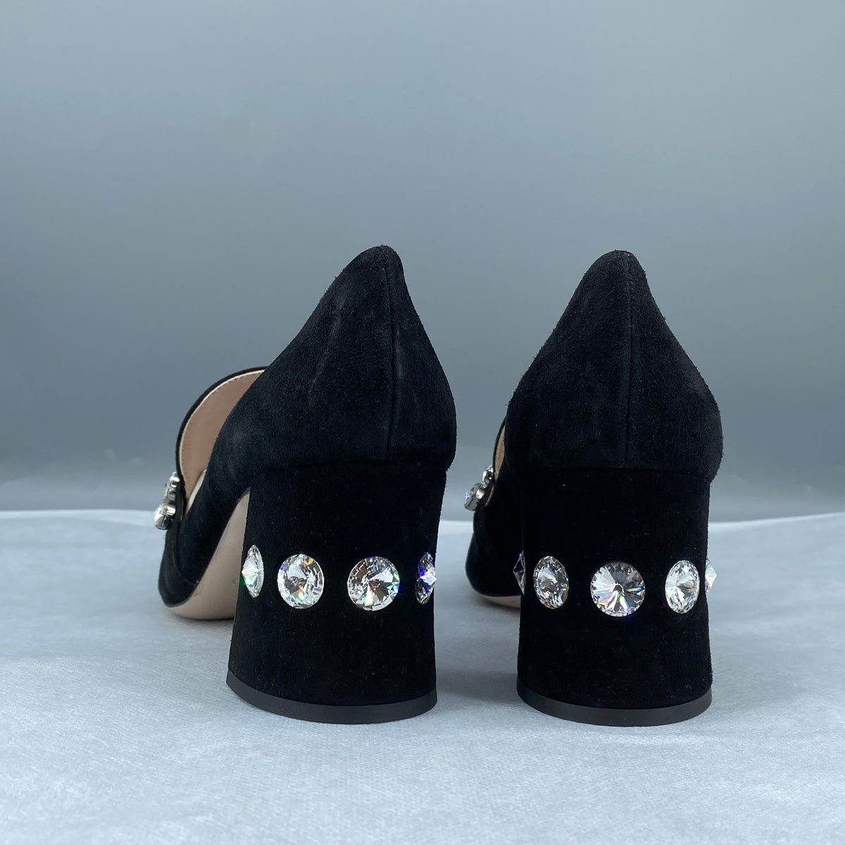Miu Miu Black Suede Crystal Block Heel Women Shoes Size 36