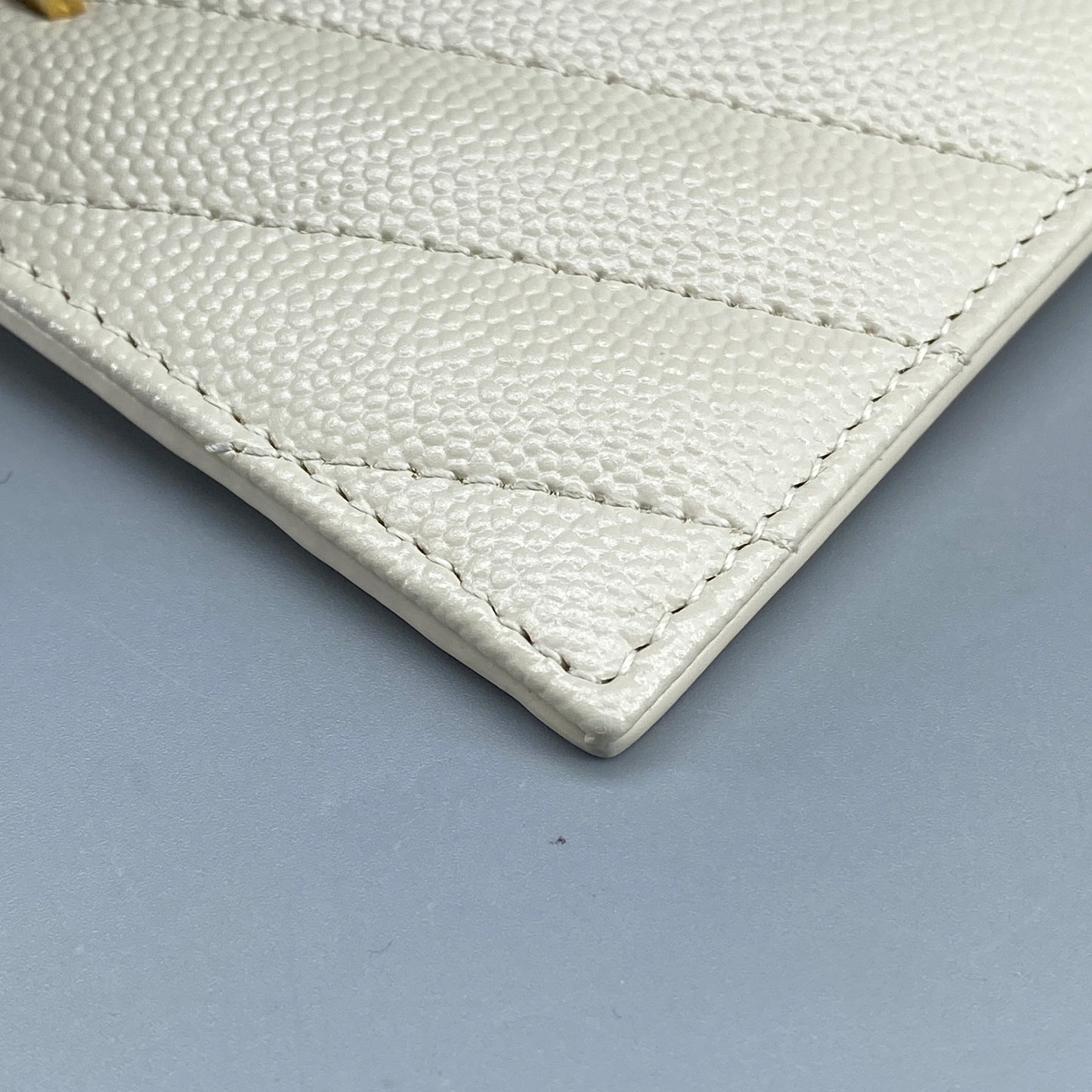 Saint Laurent Cream Grain Leather Quilted Zip Card Holder Wallet
