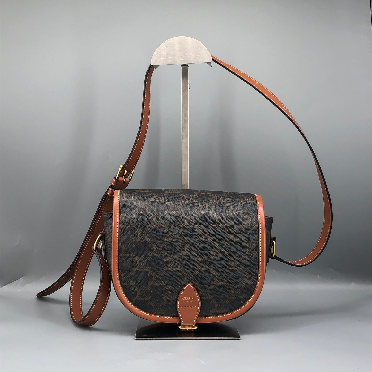 Celine Triomphe Canvas Medium Folco Crossbody Bag Dark Brown