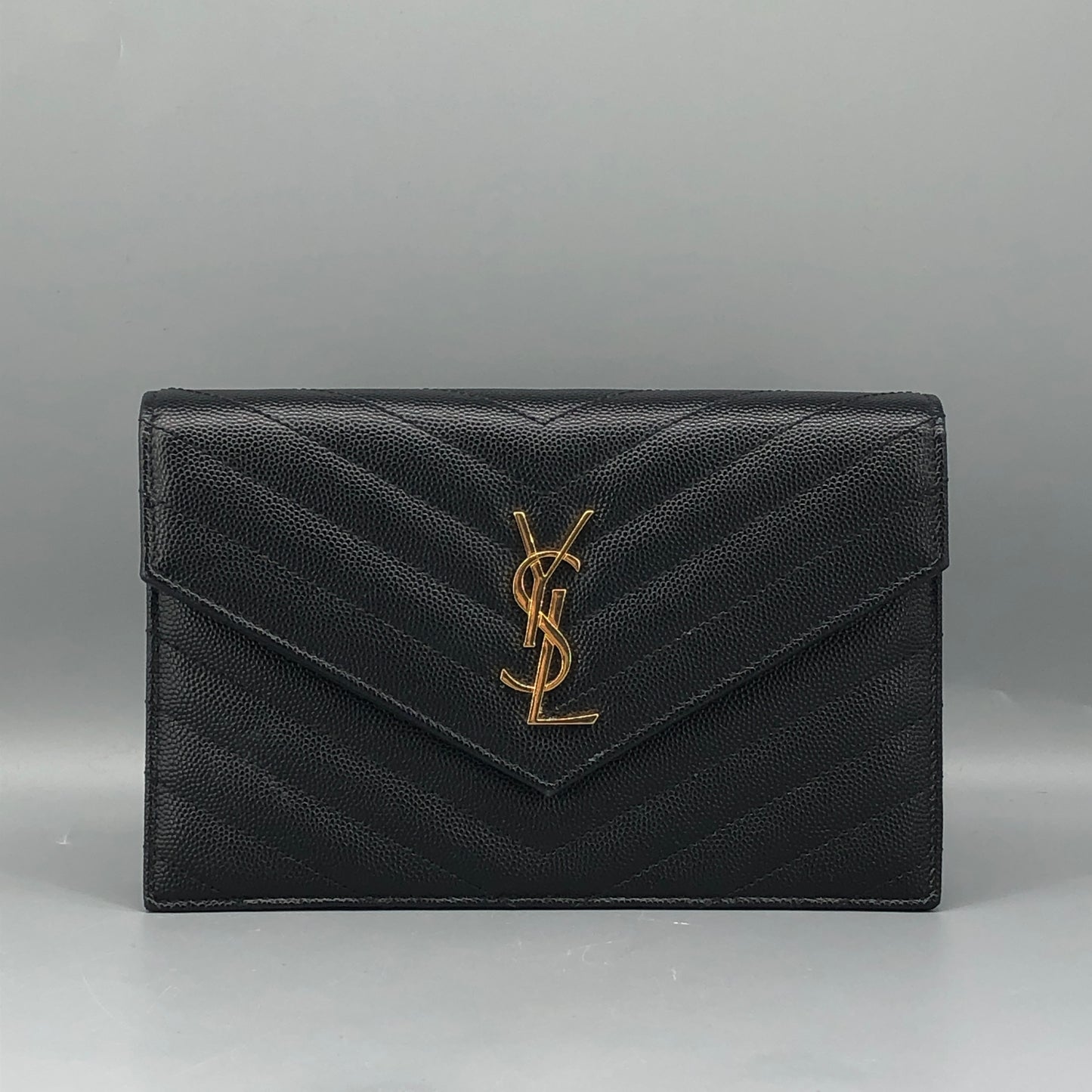 Saint Laurent Envelope Chevron Grain Leather Chain Shoulder Bag Black