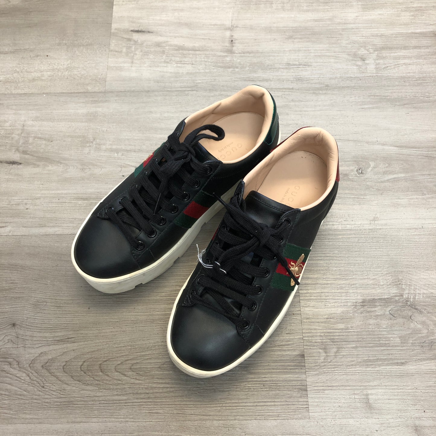 Gucci Ace Bee Embroidered Leather Sneaker Shoes 35 Black