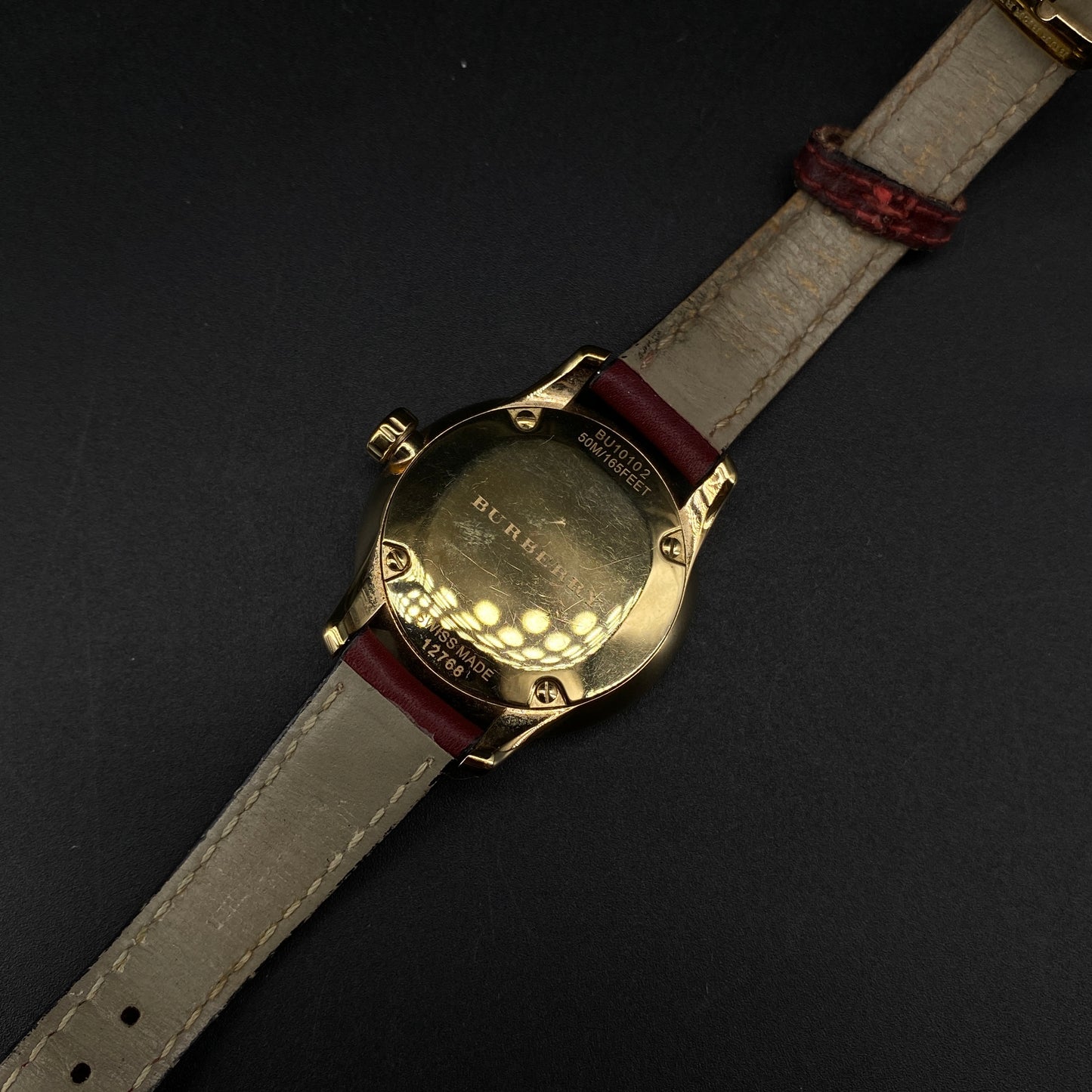 Burberry Gold Case Quartz Watch Dark Red Leather Strap