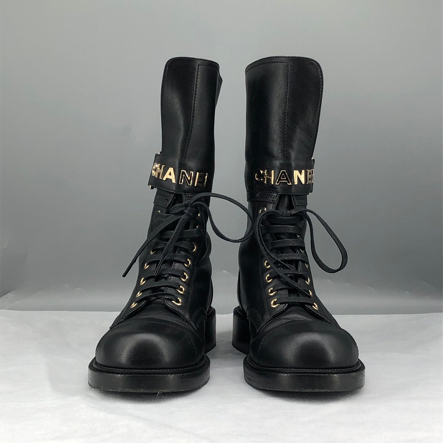 Chanel Women's Leather Lace-Up Mid Calf Boots Size 37 Black