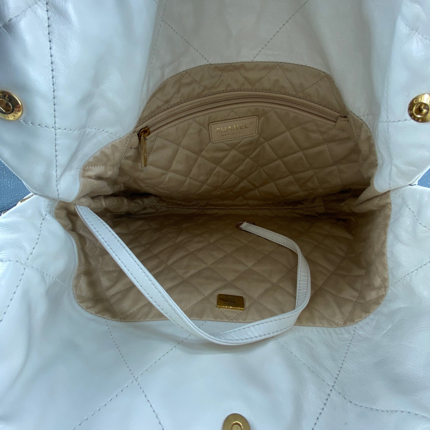 Chanel White Quilted Leather SMALL 22 Bag Tote