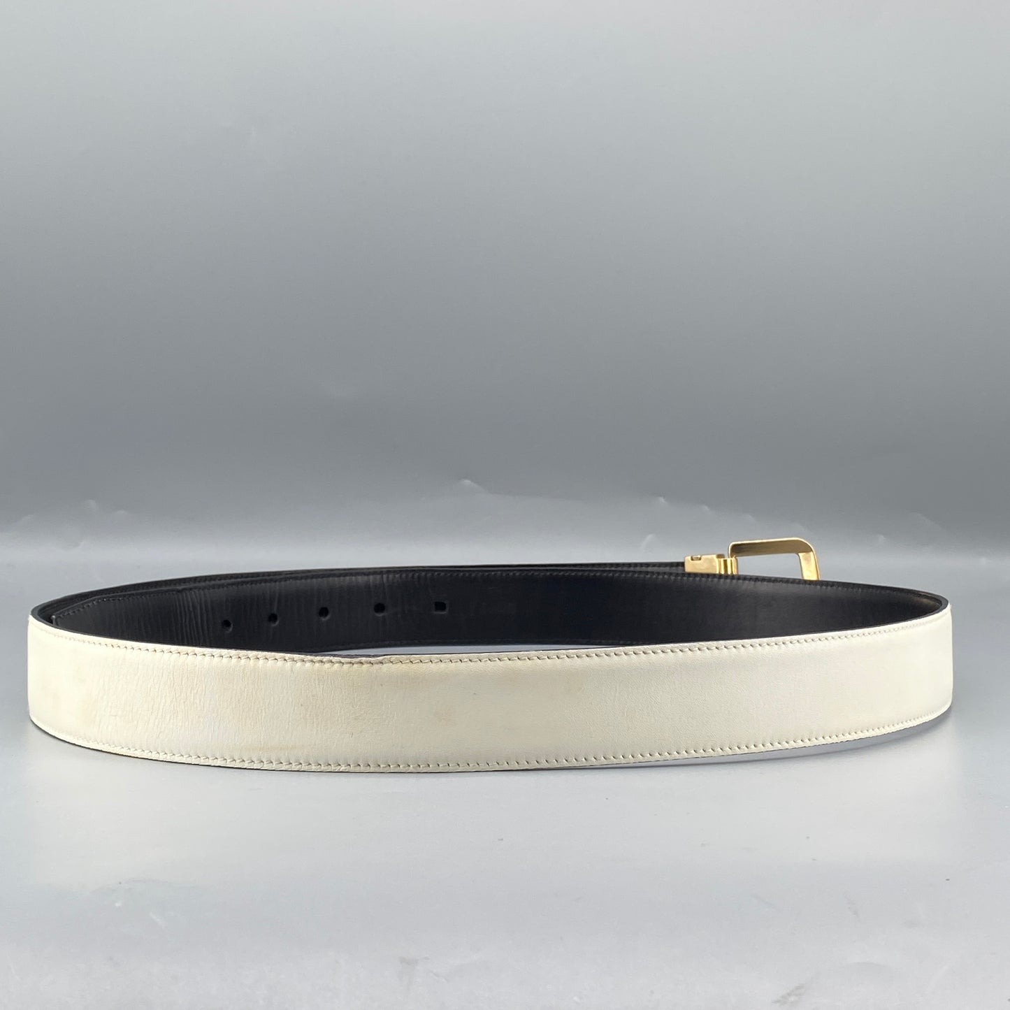 Ferragamo White Smooth Leather Gold Square Pin Buckle Belt 110cm