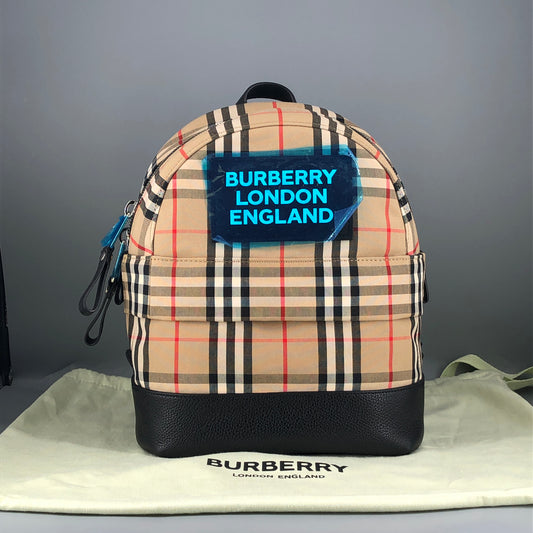 Burberry Vintage Check Nylon Leather Trim Backpack Beige