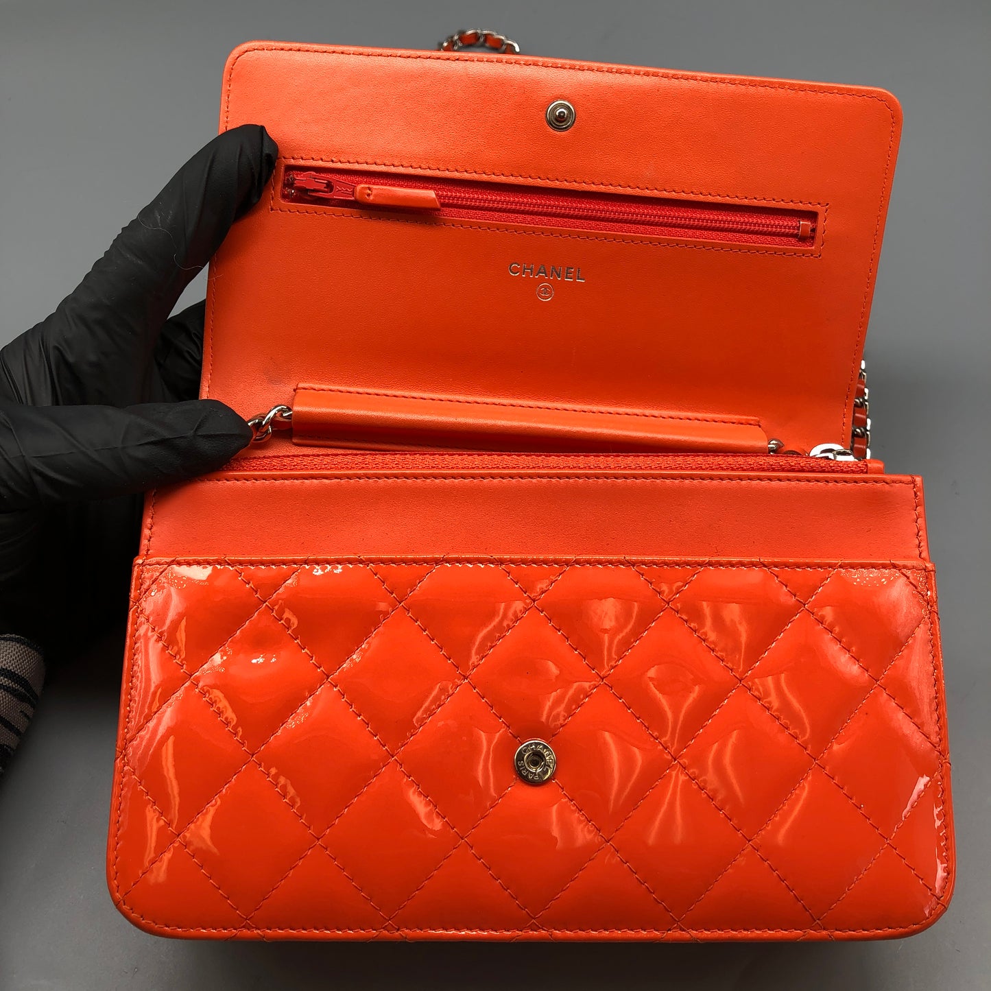 Chanel Boy Neon Orange Patent Leather Wallet on Chain Bag