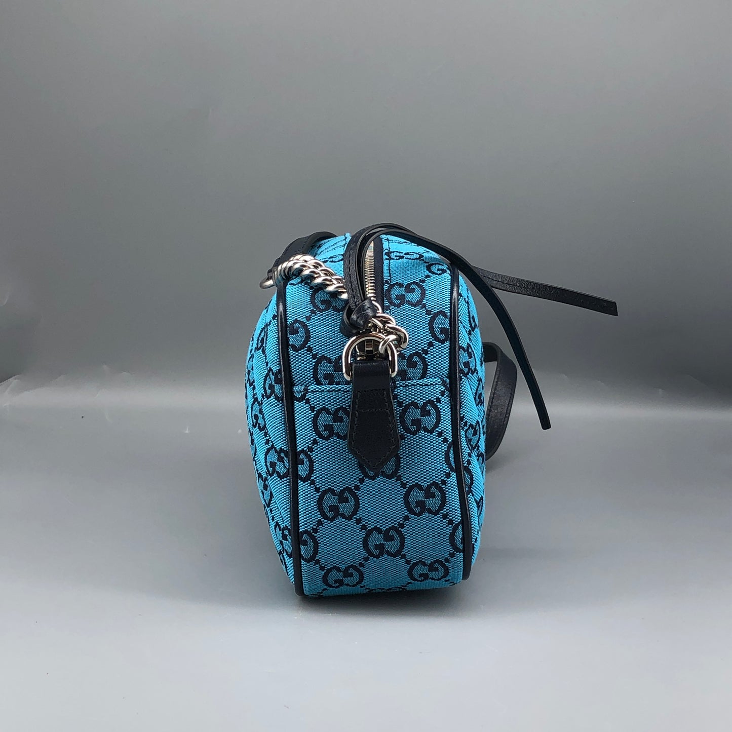 Gucci GG Marmont Small Camera Bag in Blue Diagonal Quilted Canvas